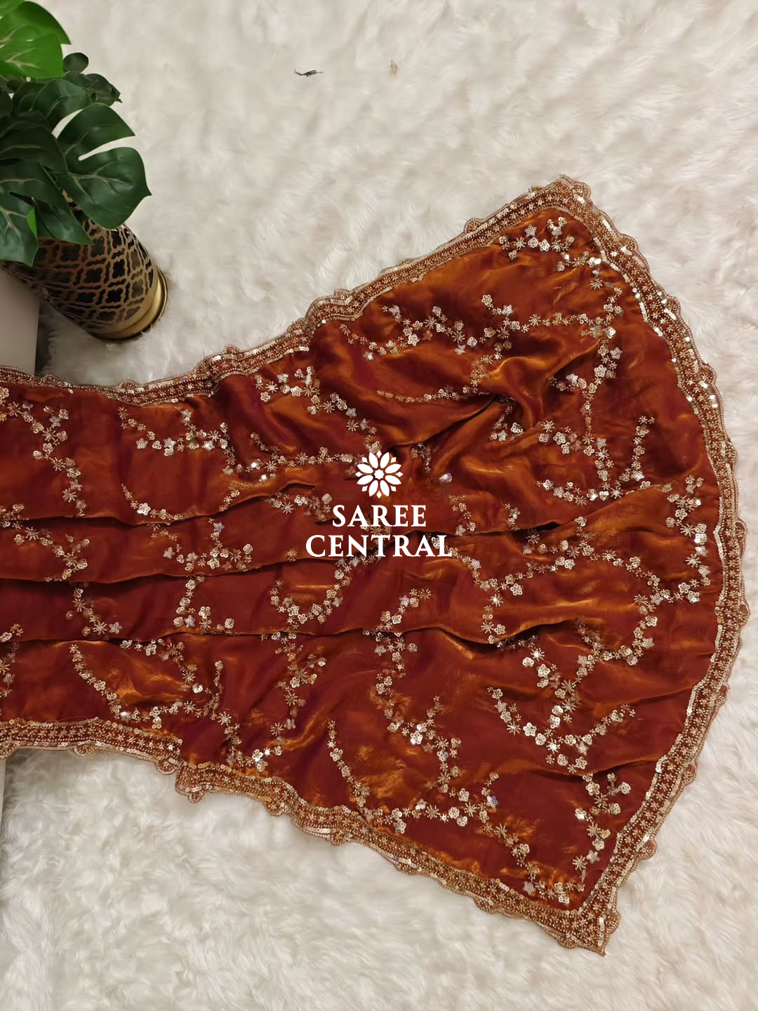 Rust Orange Gold Beads, Sequins Embroidered Partywear Saree (SC11230) - Image 11