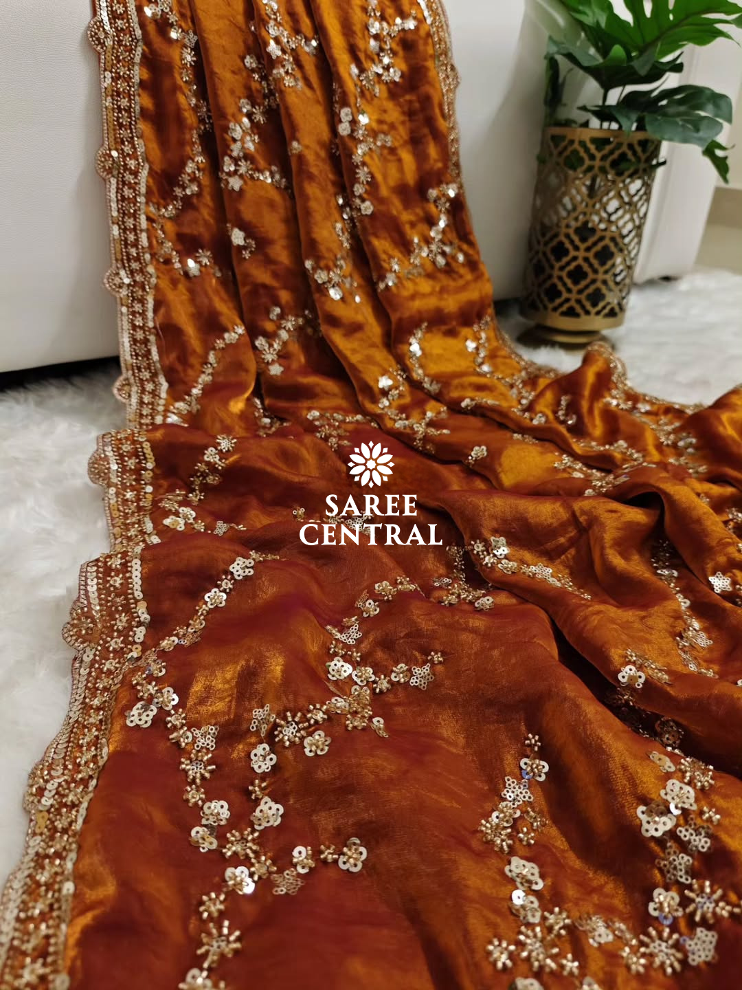 Rust Orange Gold Beads, Sequins Embroidered Partywear Saree (SC11230) - Image 3