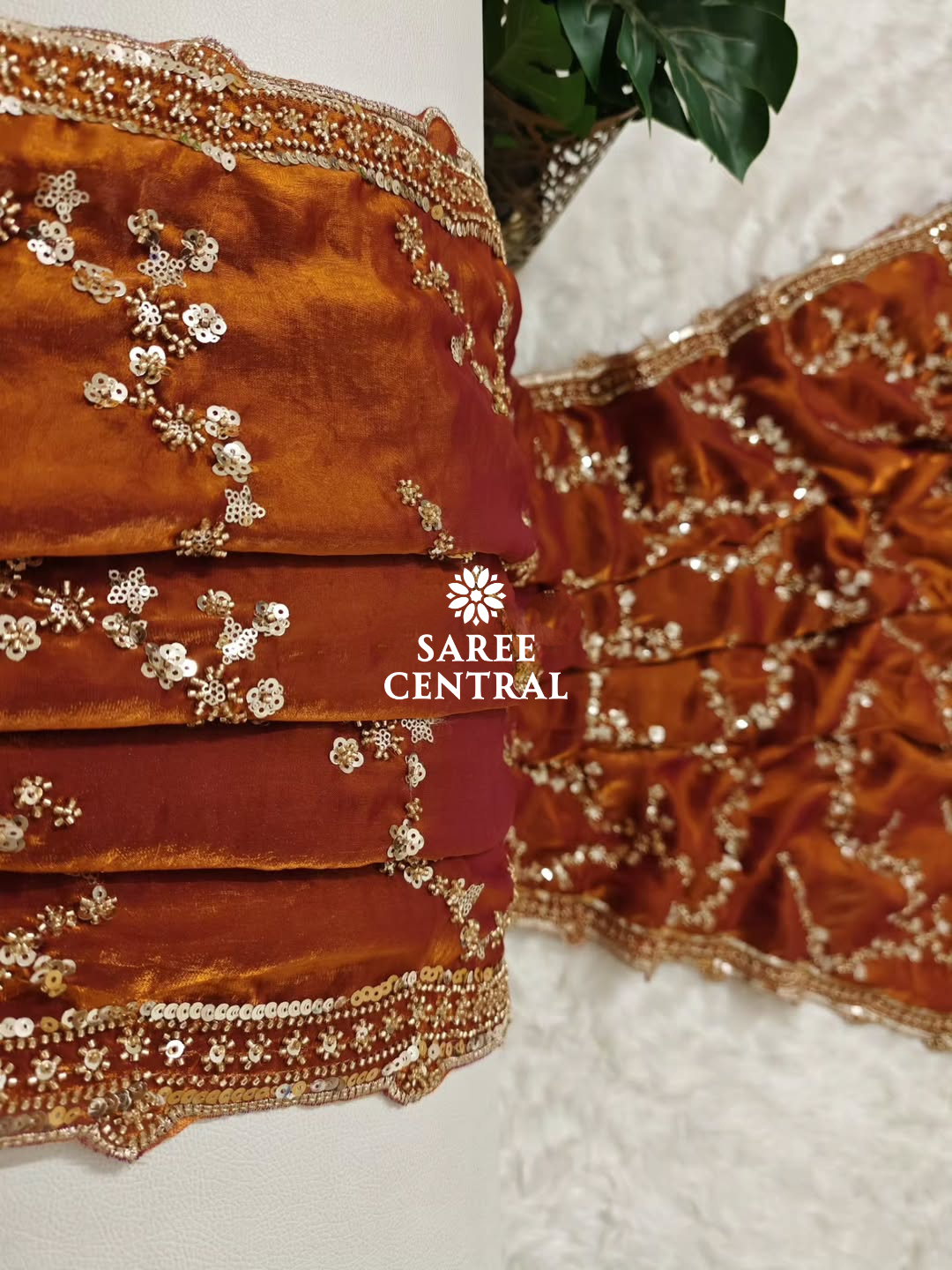 Rust Orange Gold Beads, Sequins Embroidered Partywear Saree (SC11230) - Image 10