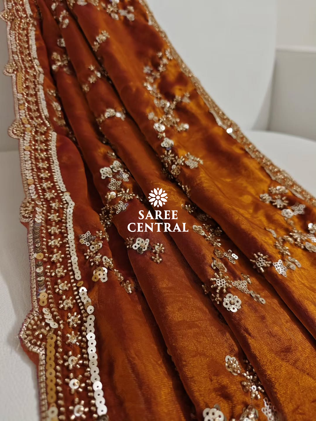 Rust Orange Gold Beads, Sequins Embroidered Partywear Saree (SC11230) - Image 13