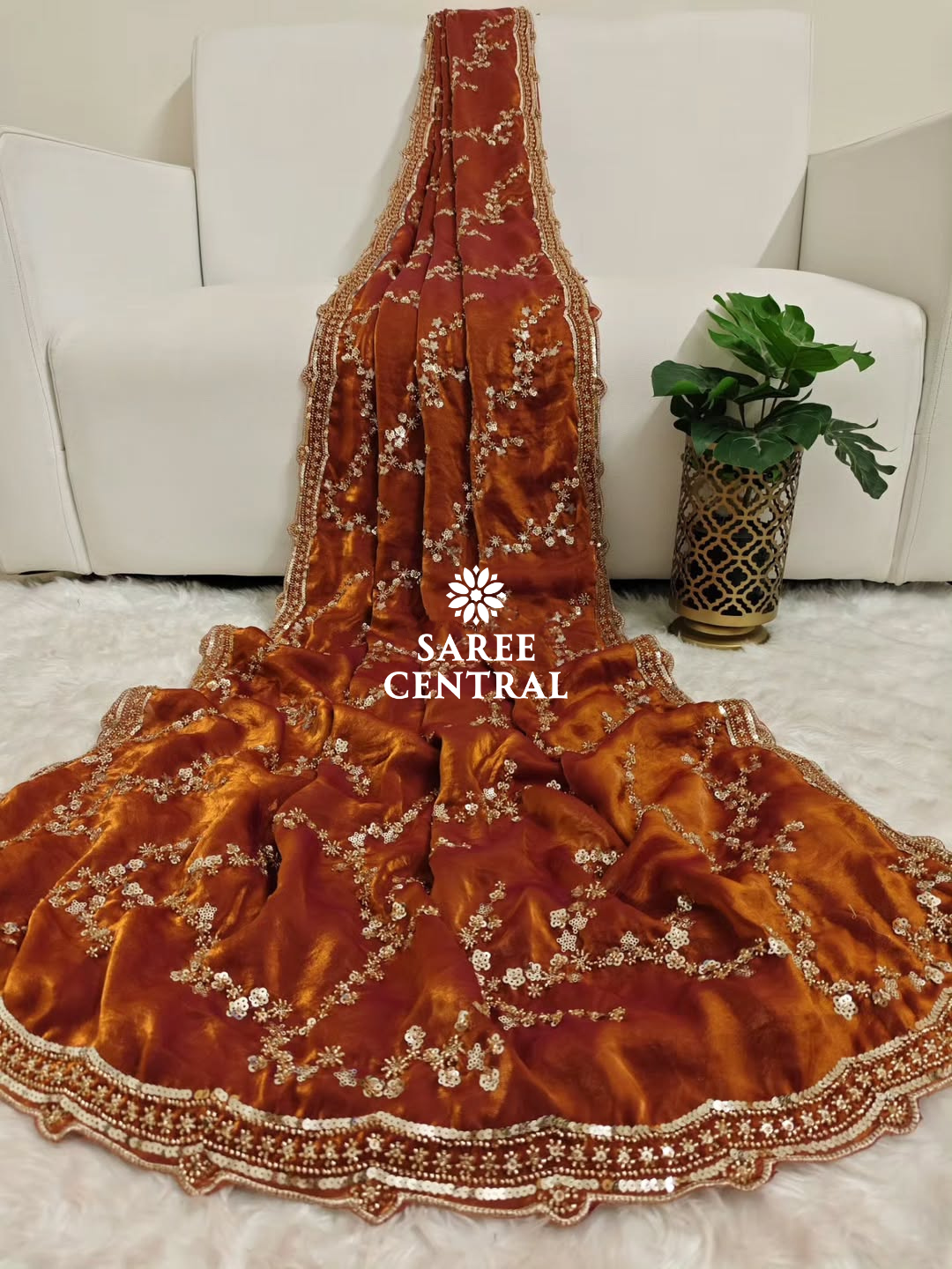 Rust Orange Gold Beads, Sequins Embroidered Partywear Saree (SC11230) - Image 2