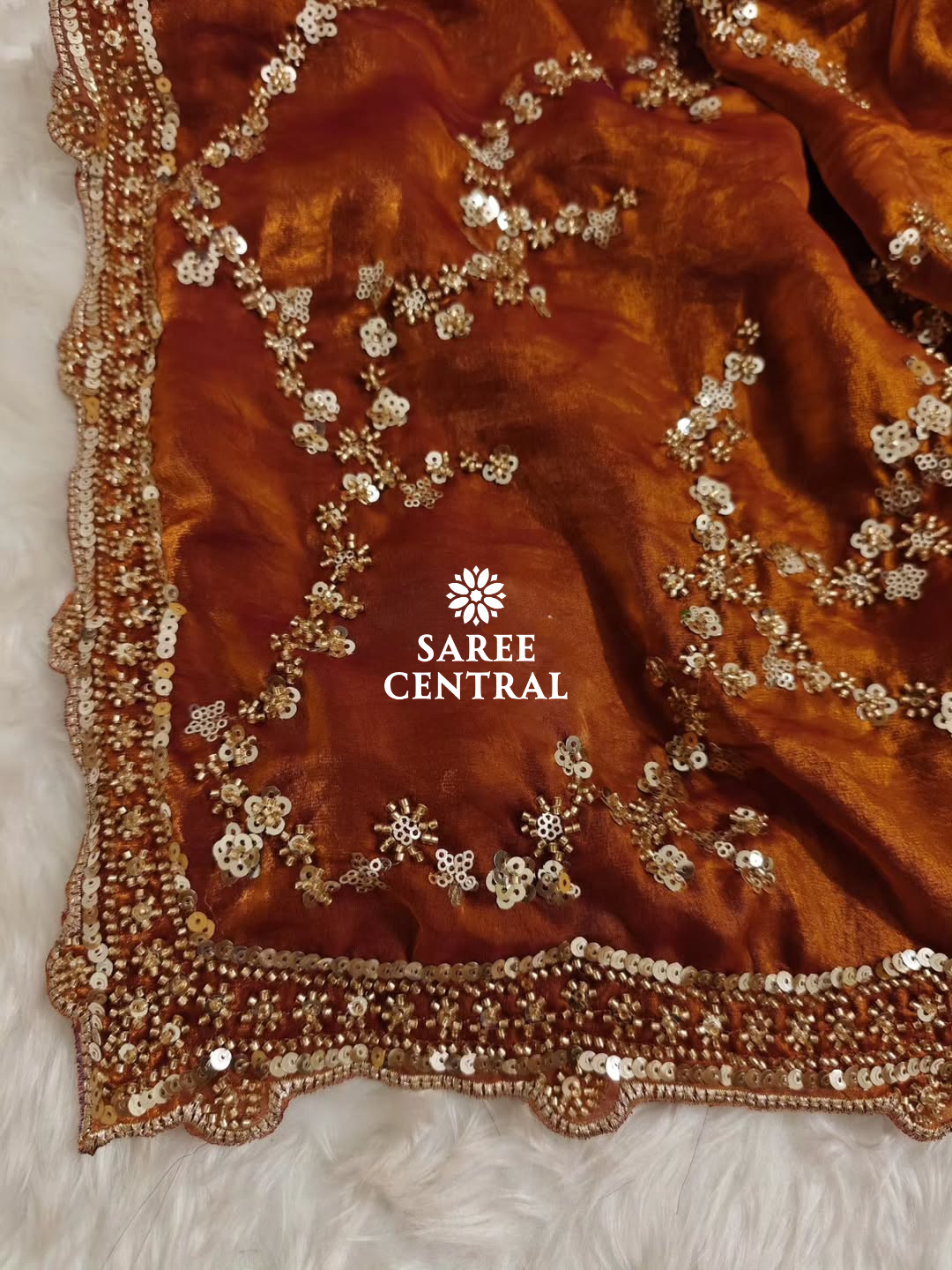 Rust Orange Gold Beads, Sequins Embroidered Partywear Saree (SC11230) - Image 6