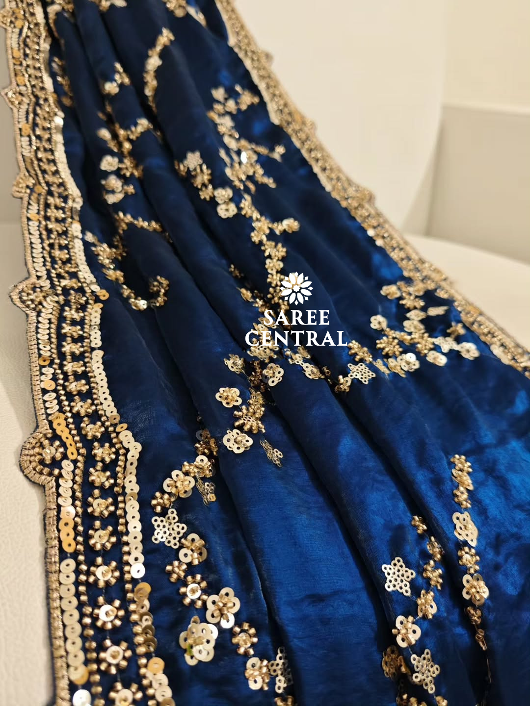 Blue Gold Beads, Sequins Embroidered Partywear Saree (SC11232) - Image 3