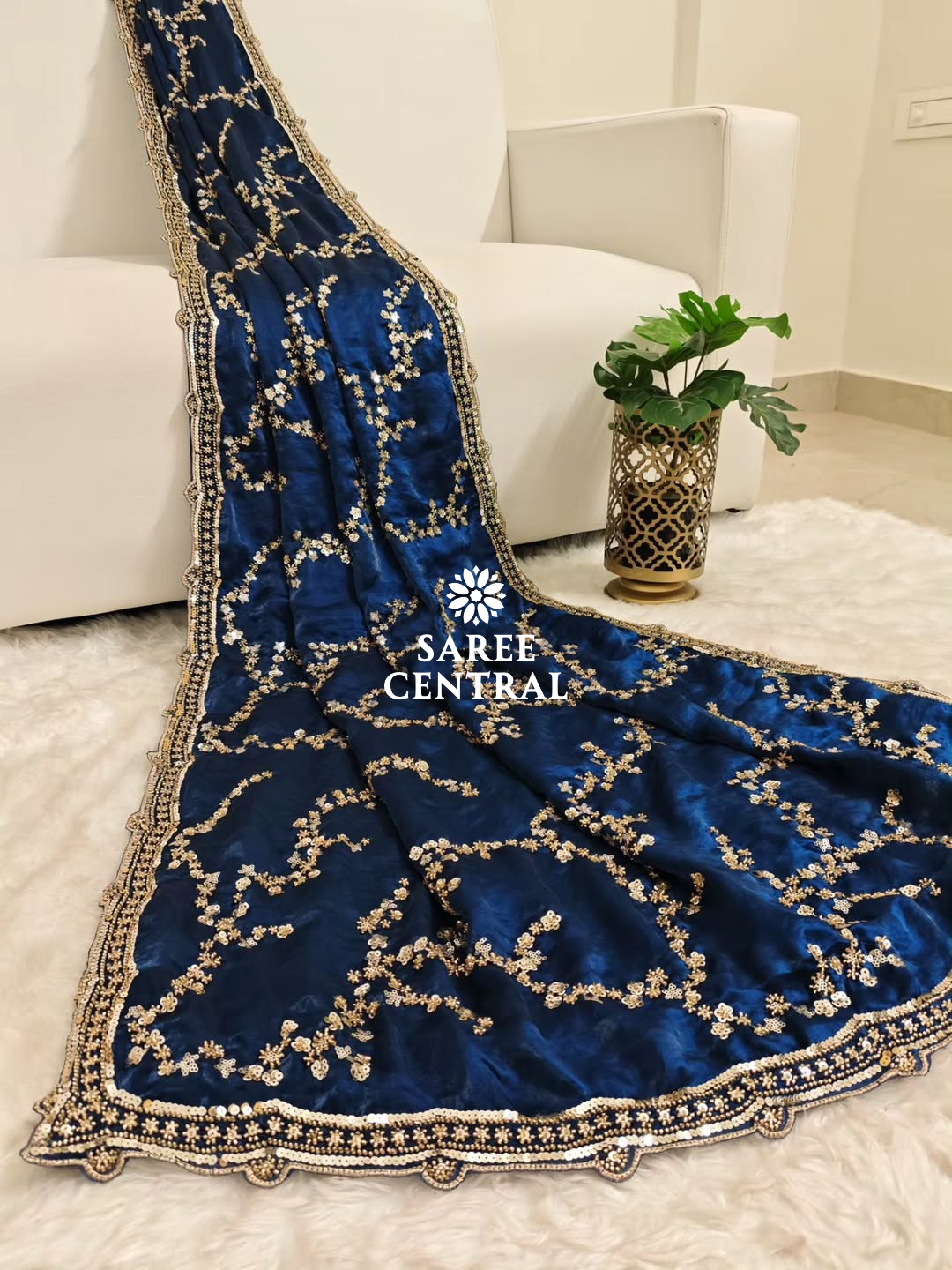 Blue Gold Beads, Sequins Embroidered Partywear Saree (SC11232)