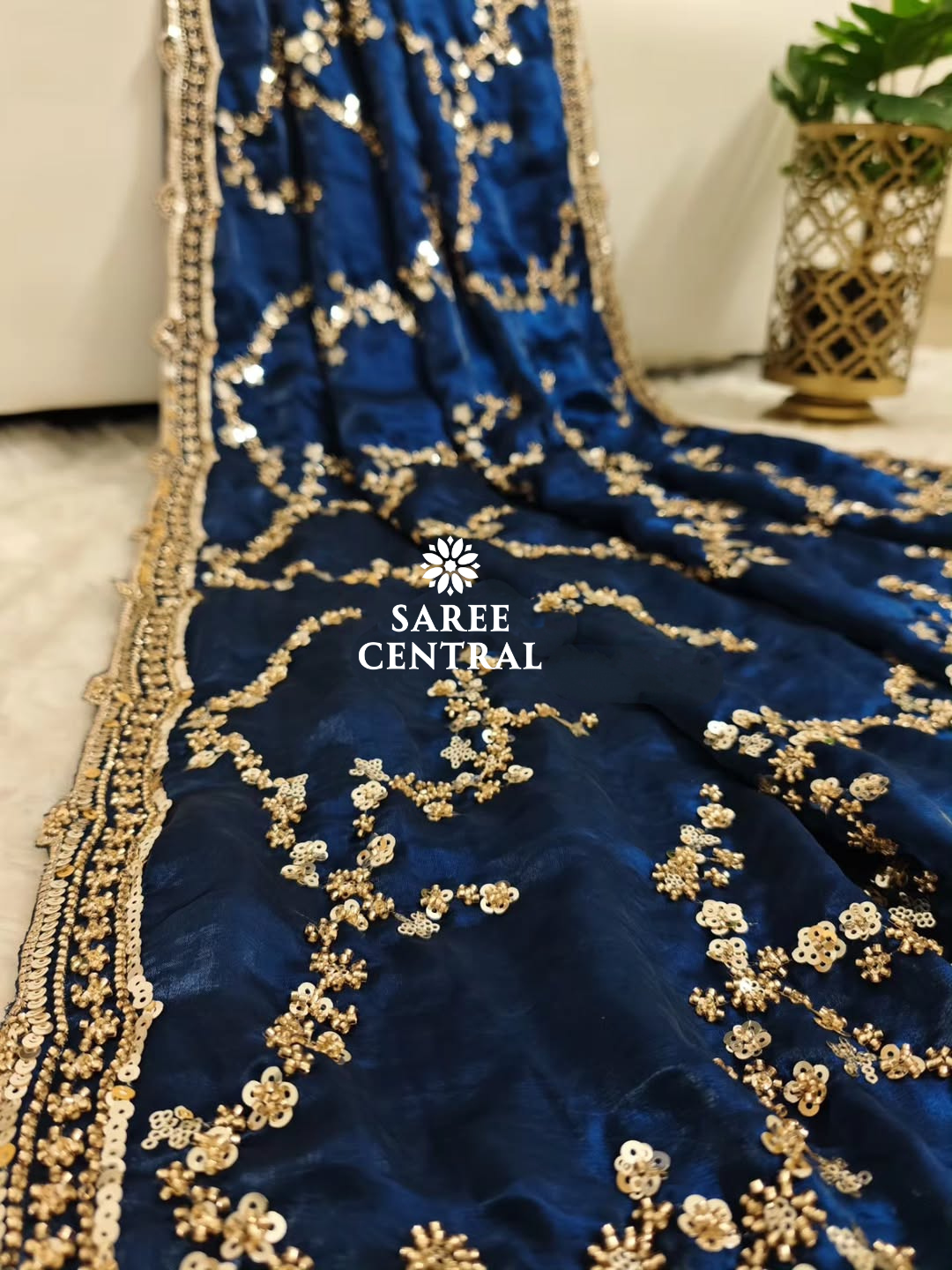 Blue Gold Beads, Sequins Embroidered Partywear Saree (SC11232) - Image 8