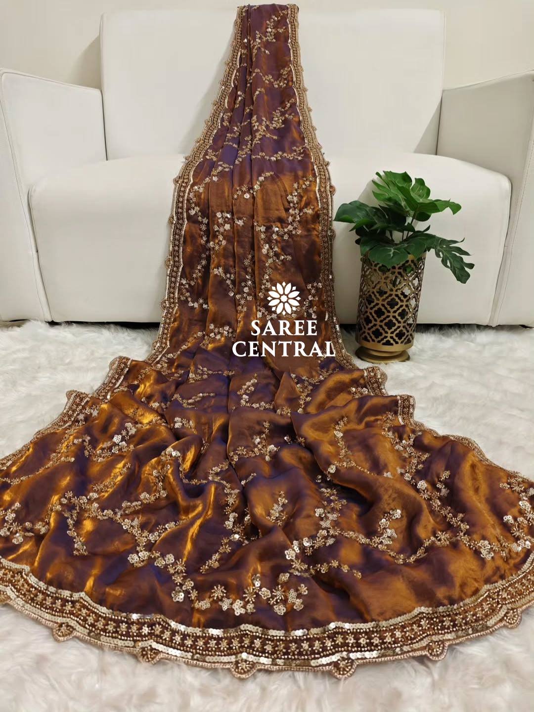 Copper Gold Beads, Sequins Embroidered Partywear Saree (SC11238) - Image 12