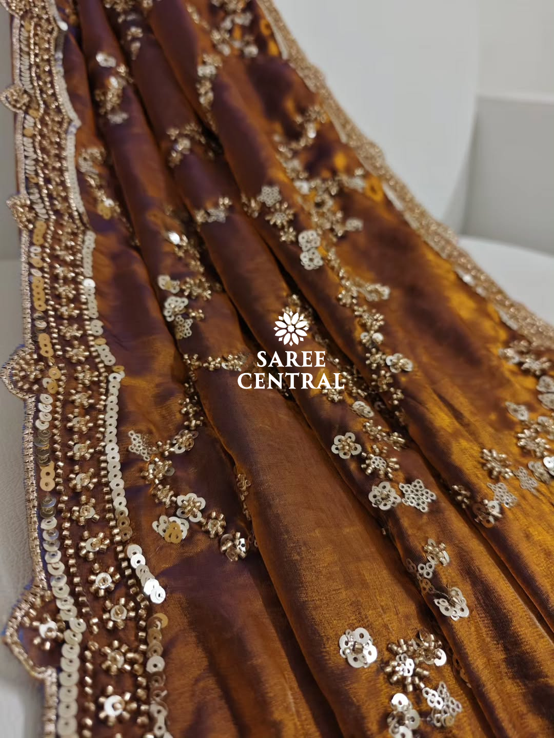 Copper Gold Beads, Sequins Embroidered Partywear Saree (SC11238) - Image 13