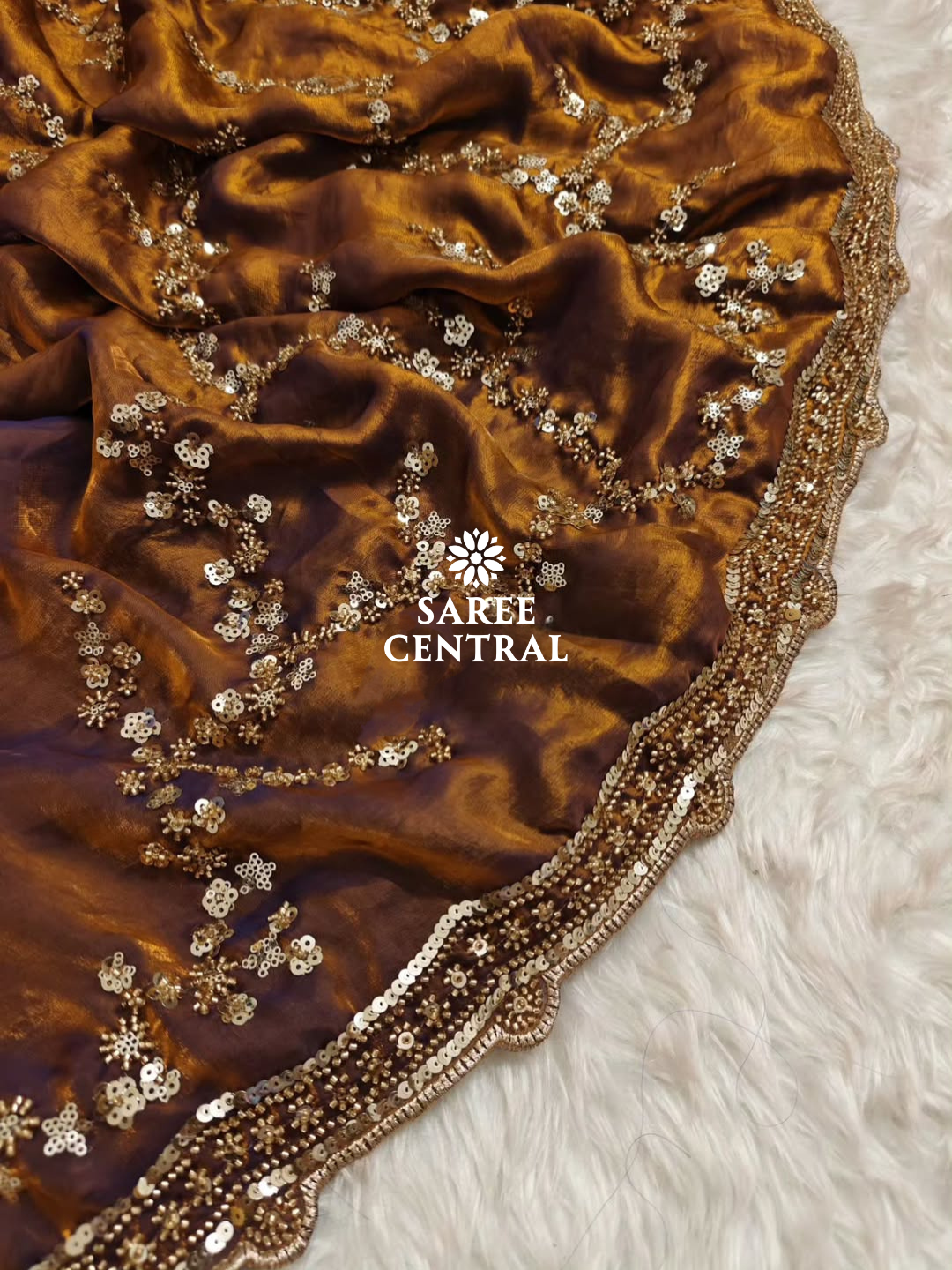 Copper Gold Beads, Sequins Embroidered Partywear Saree (SC11238) - Image 5