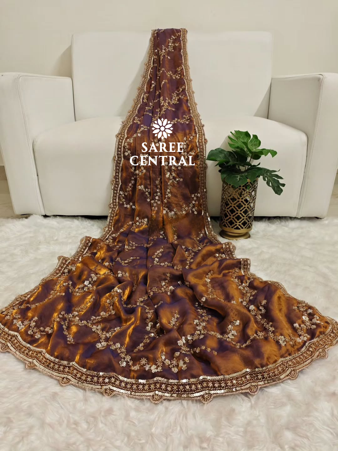 Copper Gold Beads, Sequins Embroidered Partywear Saree (SC11238) - Image 2