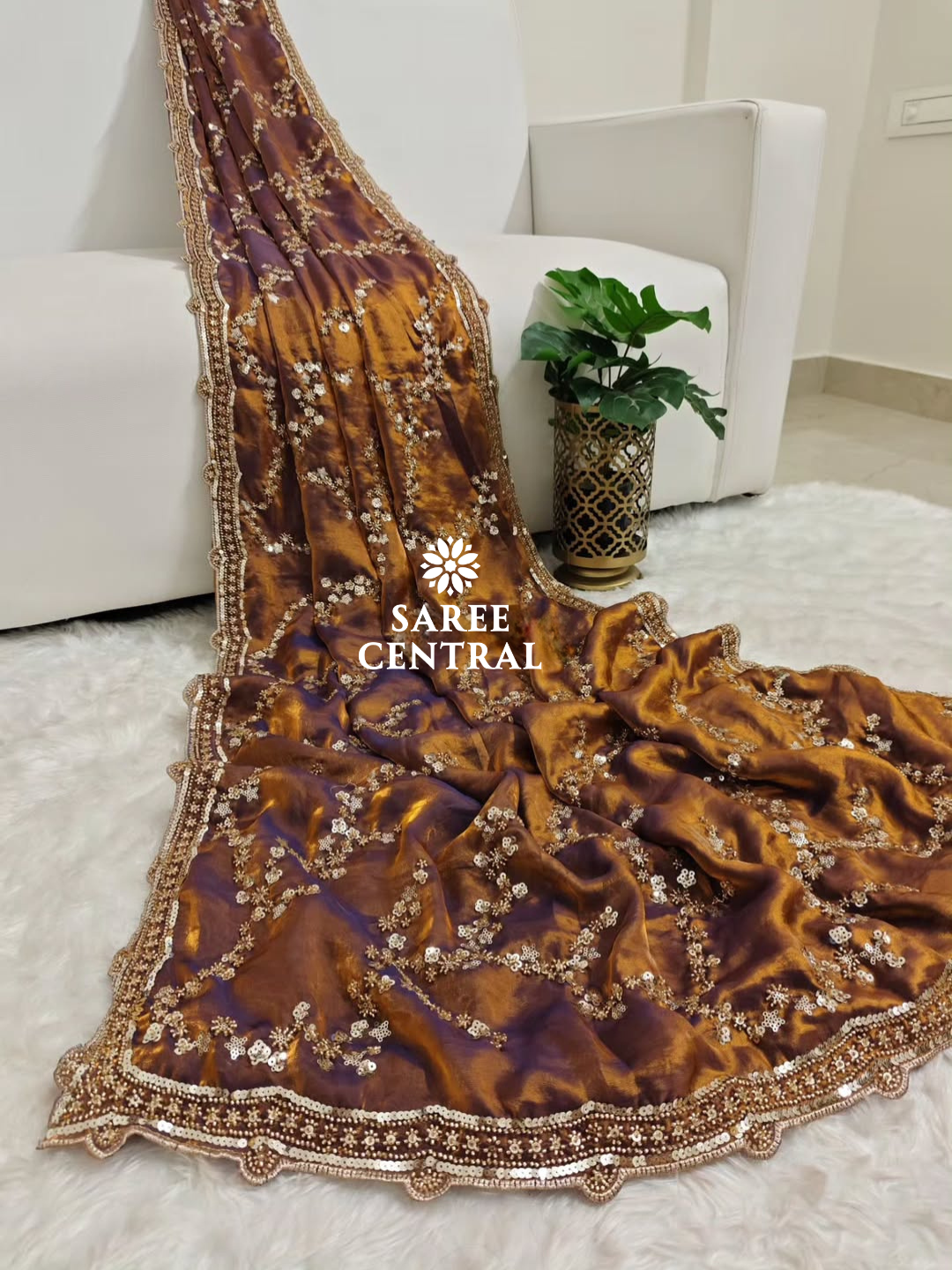 Copper Gold Beads, Sequins Embroidered Partywear Saree (SC11238)