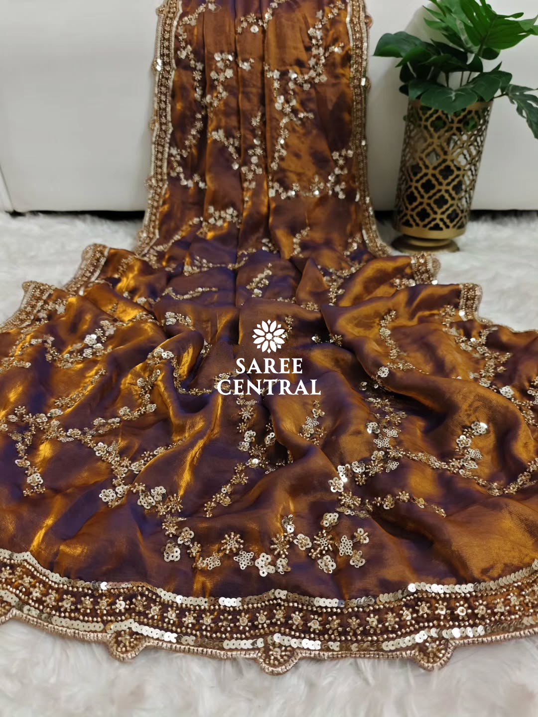 Copper Gold Beads, Sequins Embroidered Partywear Saree (SC11238) - Image 8