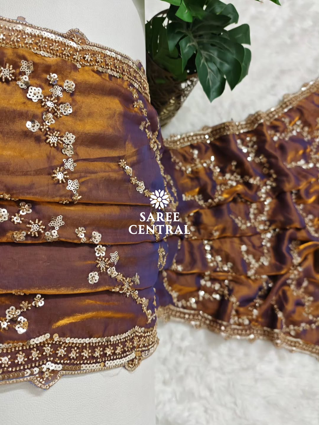 Copper Gold Beads, Sequins Embroidered Partywear Saree (SC11238) - Image 7