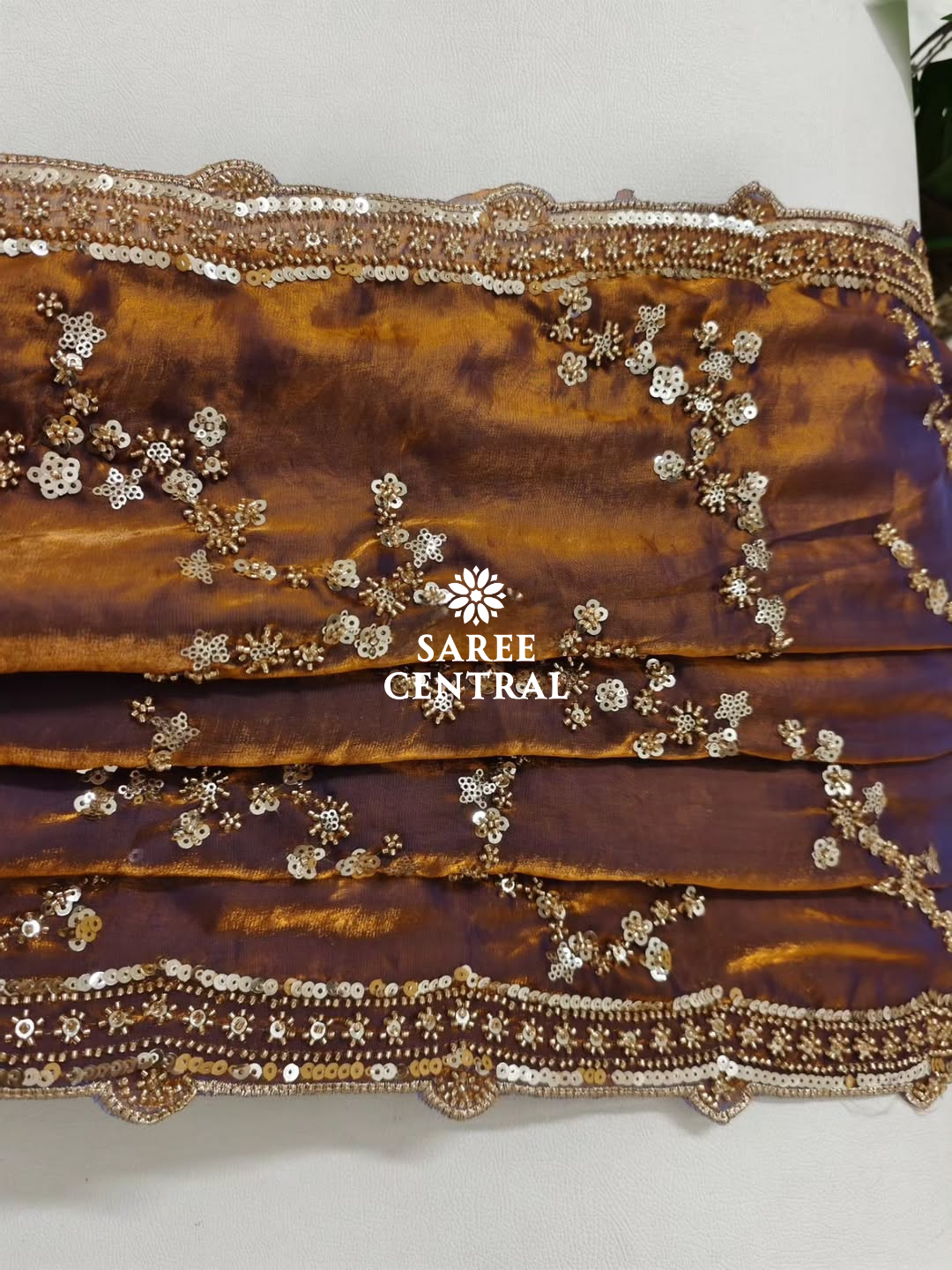 Copper Gold Beads, Sequins Embroidered Partywear Saree (SC11238) - Image 4