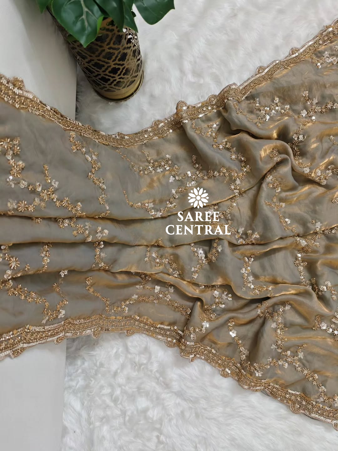 Steel Grey Gold Beads, Sequins Embroidered Partywear Saree (SC11224) - Image 10