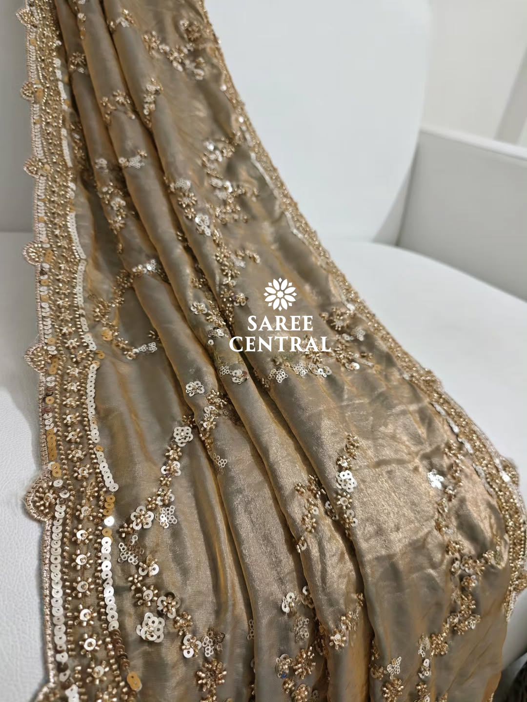 Steel Grey Gold Beads, Sequins Embroidered Partywear Saree (SC11224) - Image 11