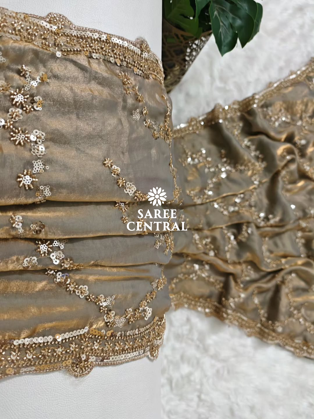 Steel Grey Gold Beads, Sequins Embroidered Partywear Saree (SC11224) - Image 5