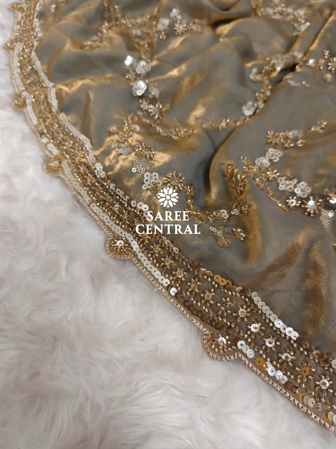 Steel Grey Gold Beads, Sequins Embroidered Partywear Saree (SC11224) - Image 8