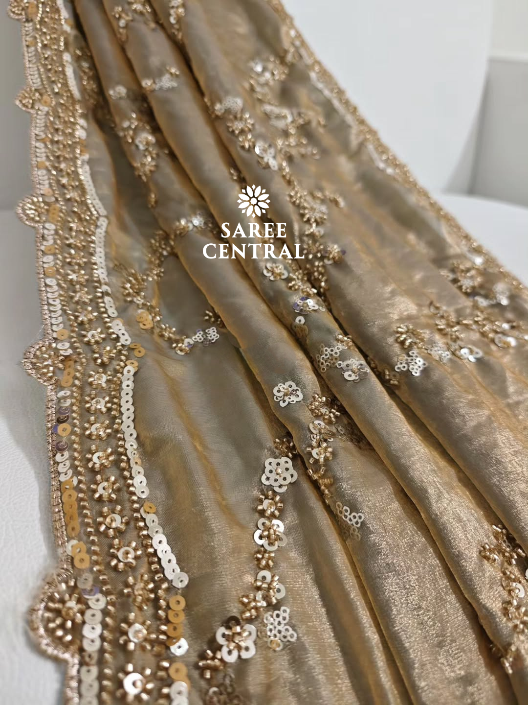 Steel Grey Gold Beads, Sequins Embroidered Partywear Saree (SC11224) - Image 3