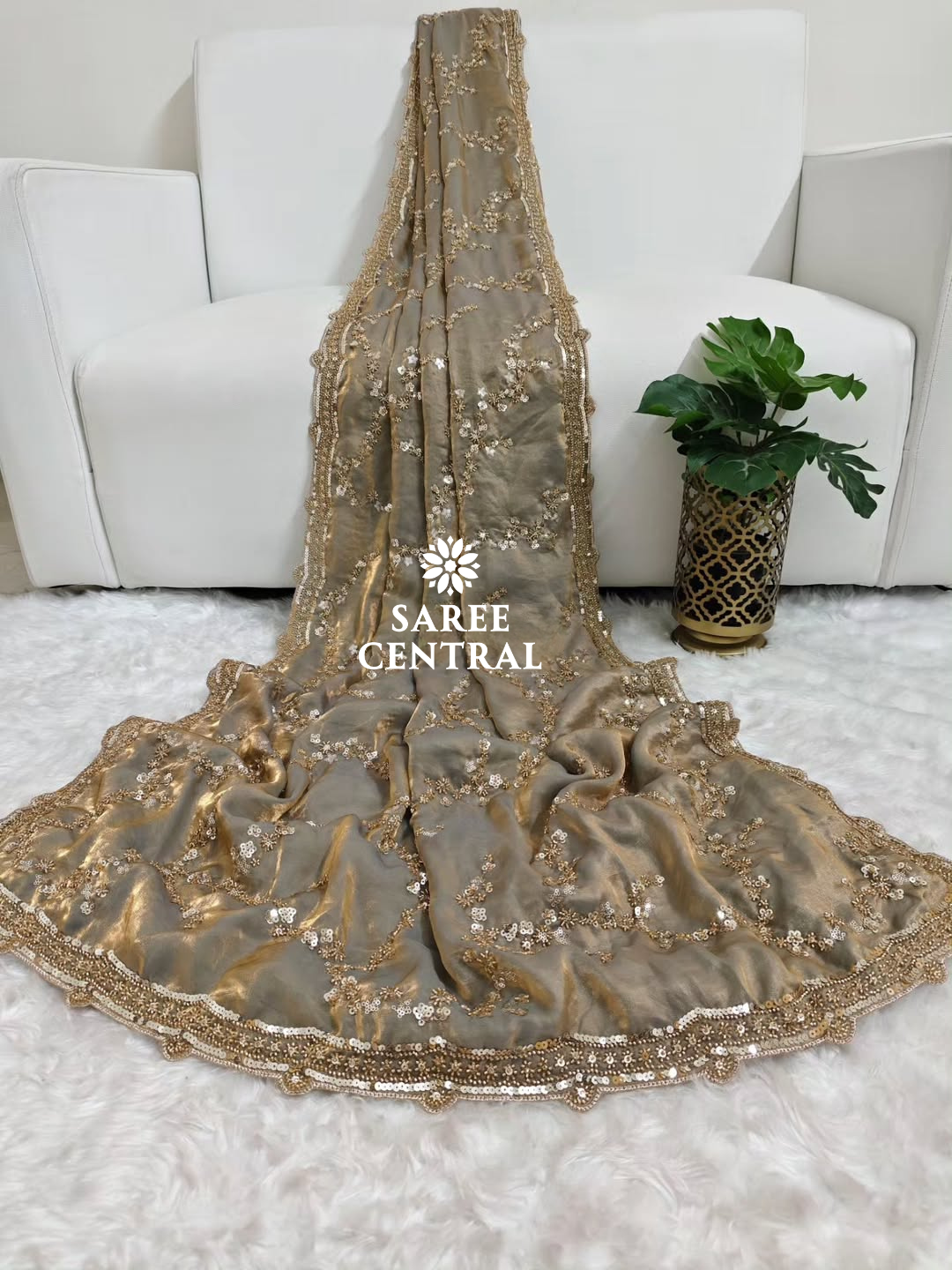 Steel Grey Gold Beads, Sequins Embroidered Partywear Saree (SC11224) - Image 2