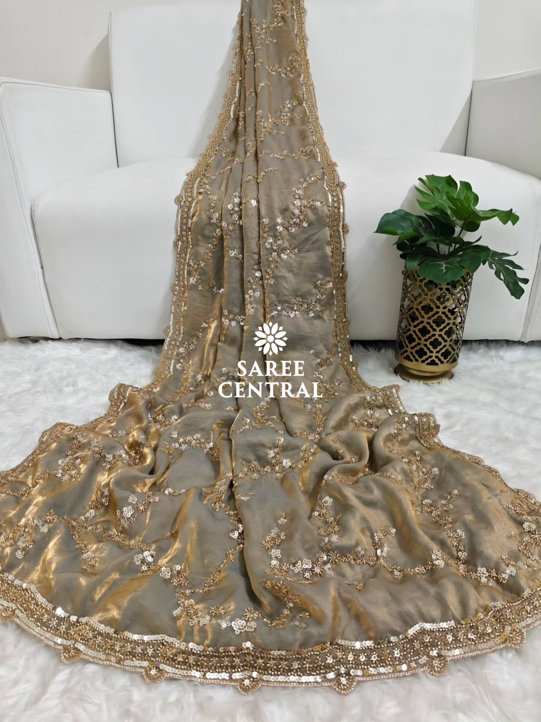 Steel Grey Gold Beads, Sequins Embroidered Partywear Saree (SC11224) - Image 7