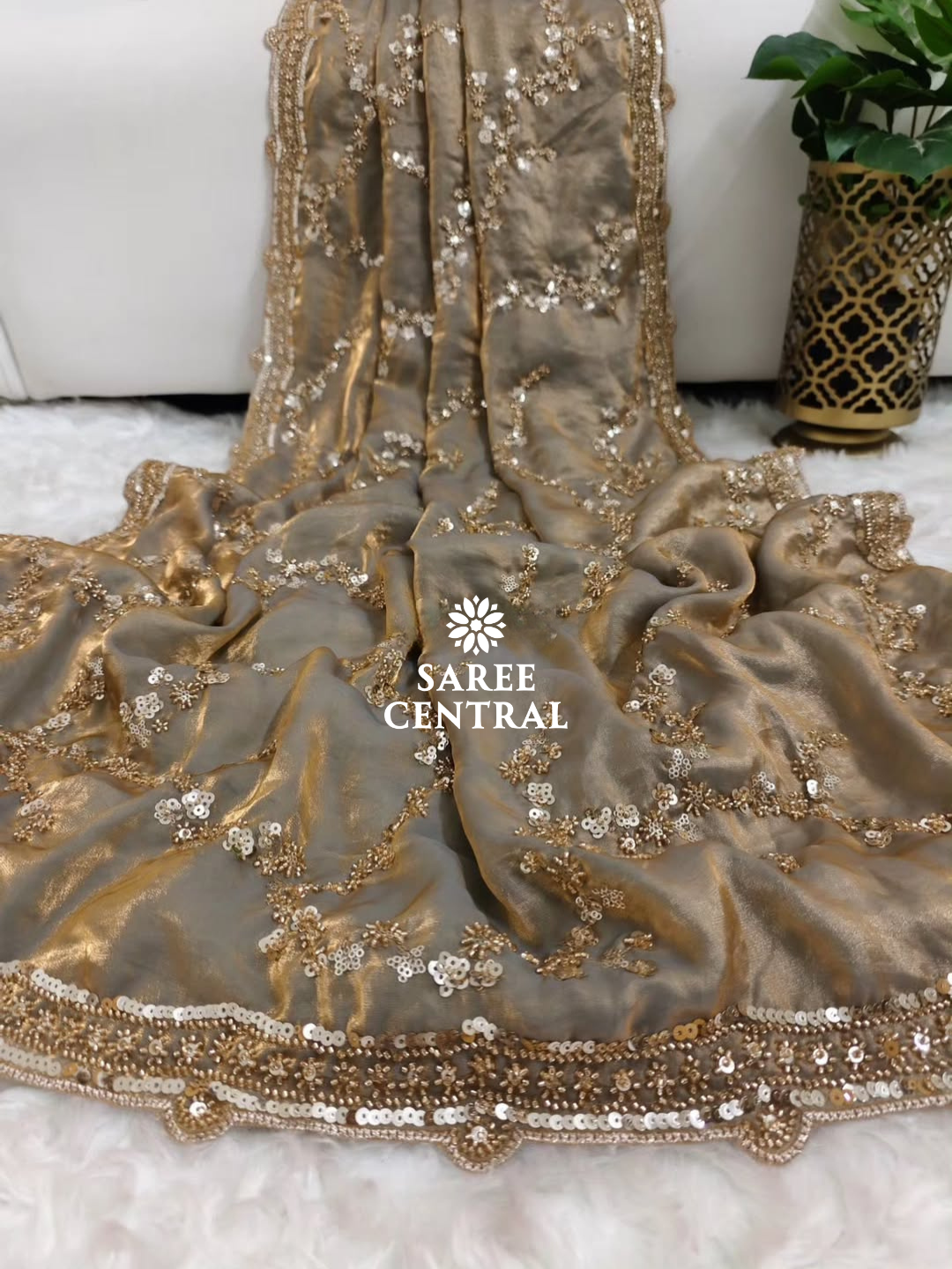 Steel Grey Gold Beads, Sequins Embroidered Partywear Saree (SC11224) - Image 9