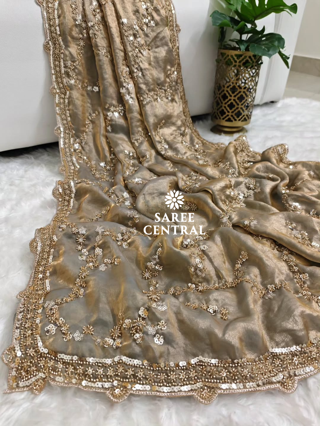 Steel Grey Gold Beads, Sequins Embroidered Partywear Saree (SC11224)