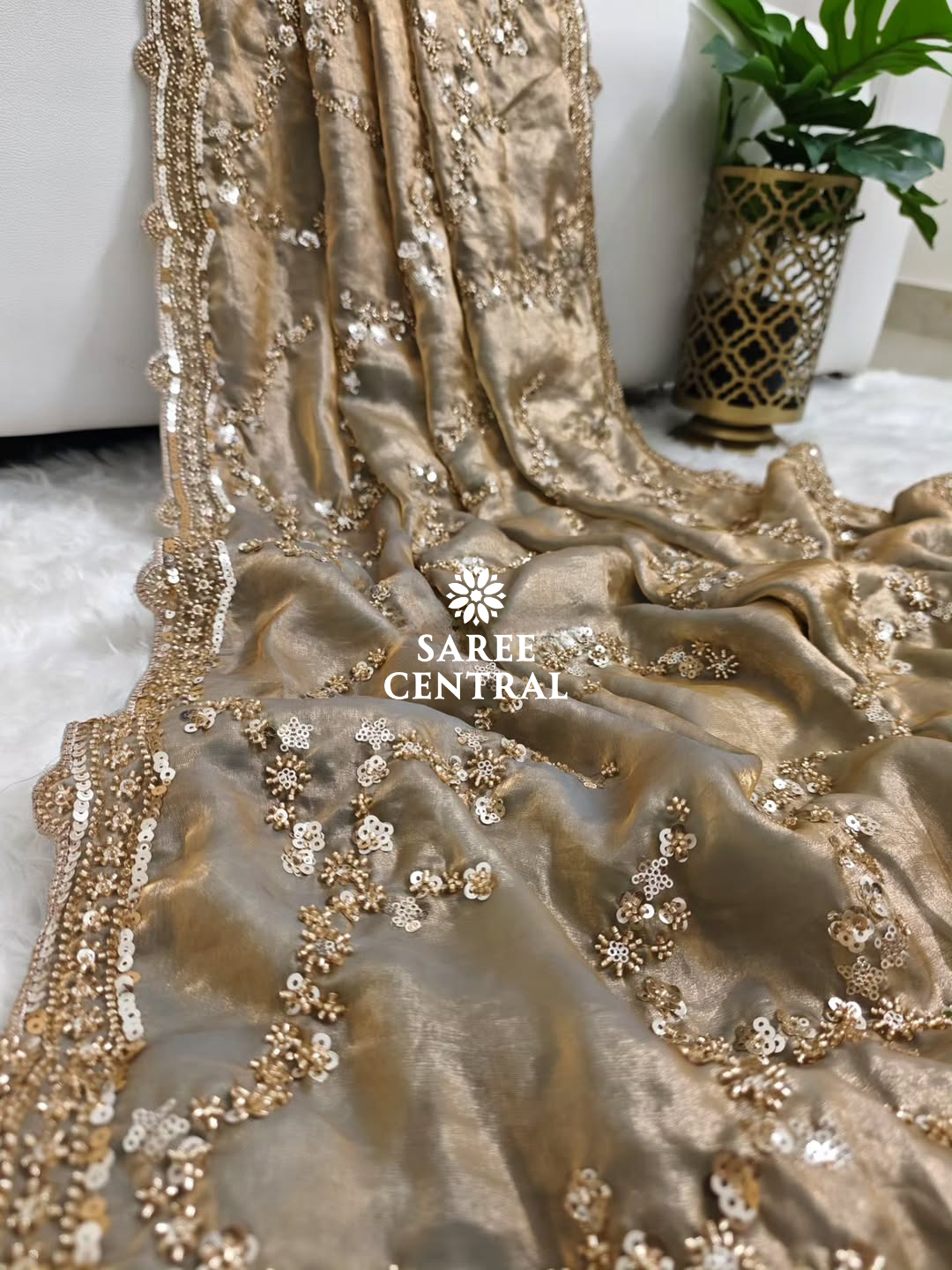 Steel Grey Gold Beads, Sequins Embroidered Partywear Saree (SC11224) - Image 4