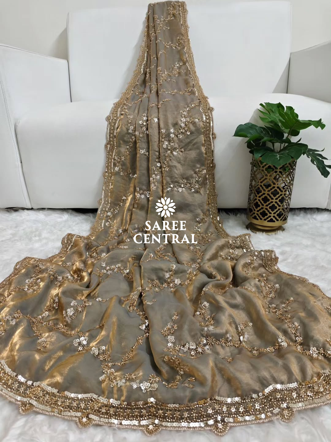 Steel Grey Gold Beads, Sequins Embroidered Partywear Saree (SC11224) - Image 12