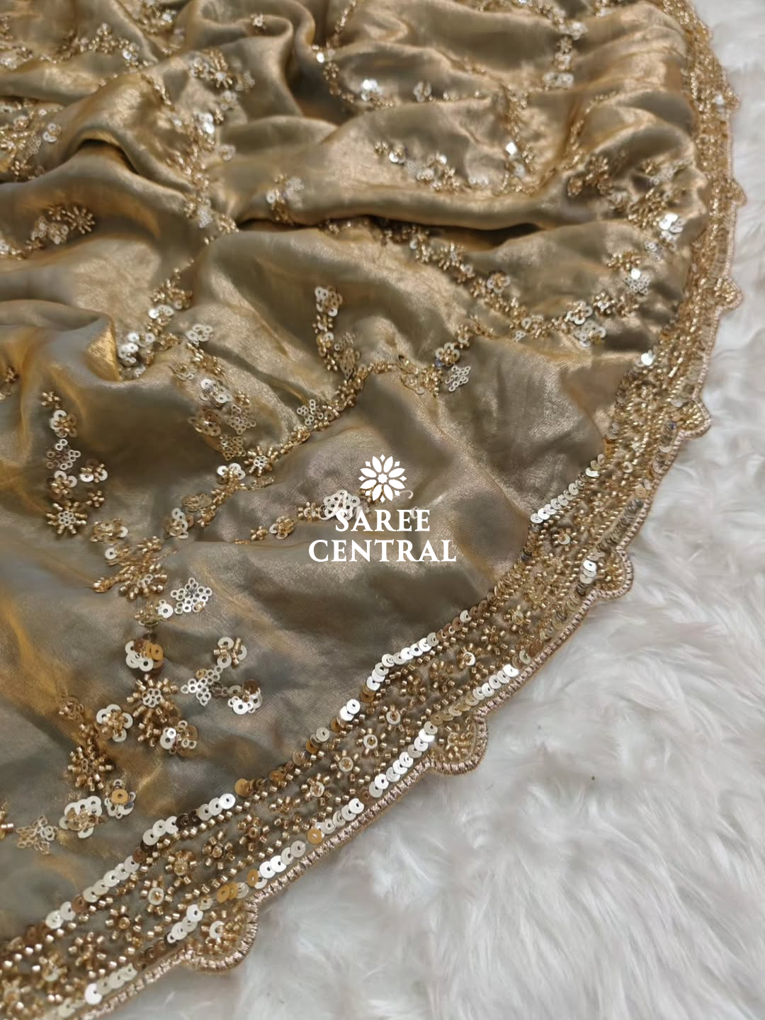 Steel Grey Gold Beads, Sequins Embroidered Partywear Saree (SC11224) - Image 13