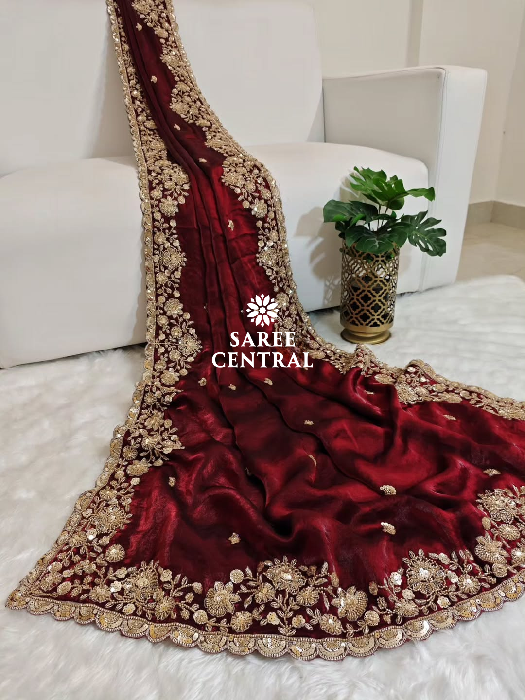 Maroon Gold Cutdana Beads, Sequins Embroidered Partywear Saree (SC55518)