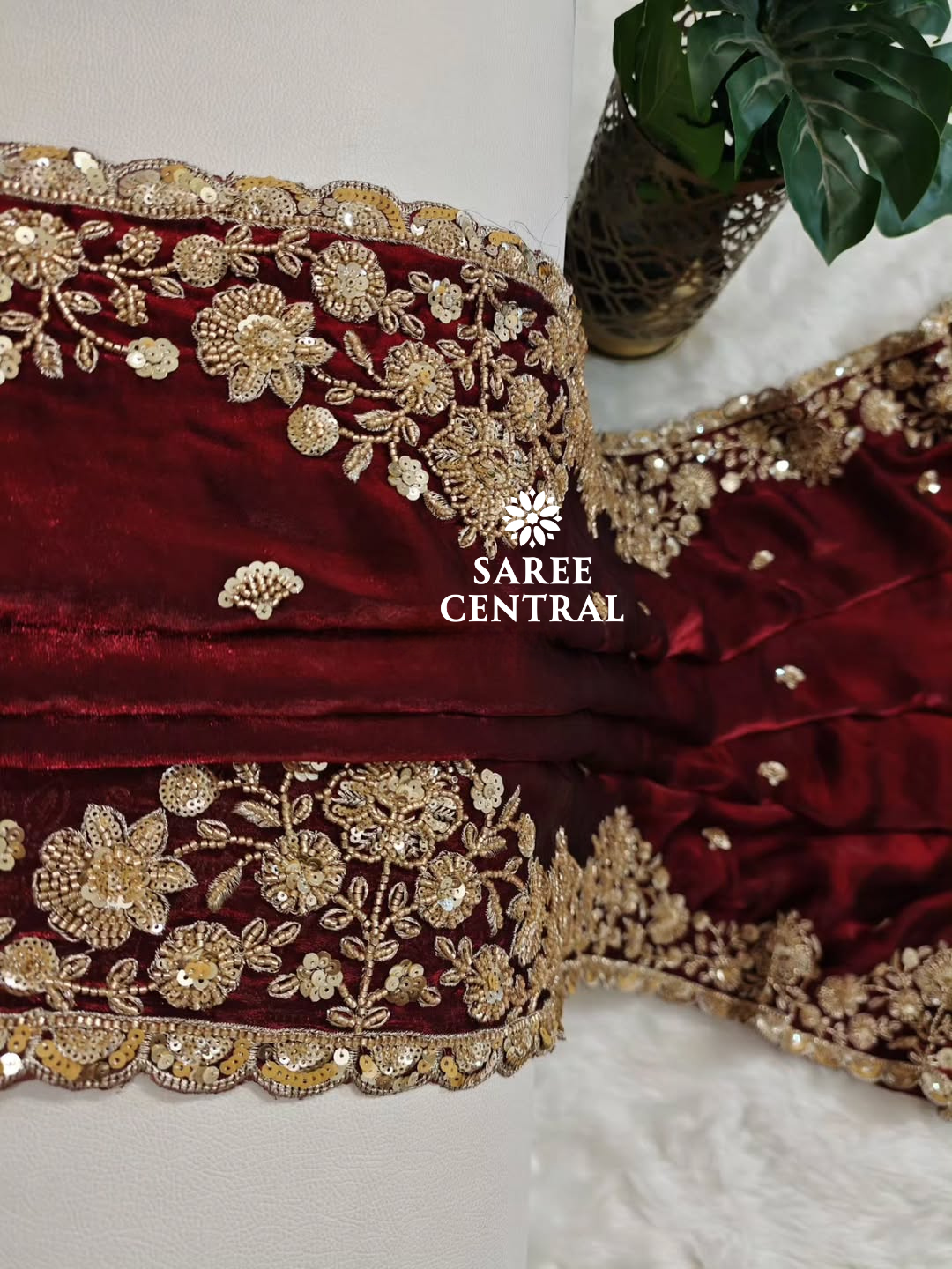 Maroon Gold Cutdana Beads, Sequins Embroidered Partywear Saree (SC55518) - Image 5