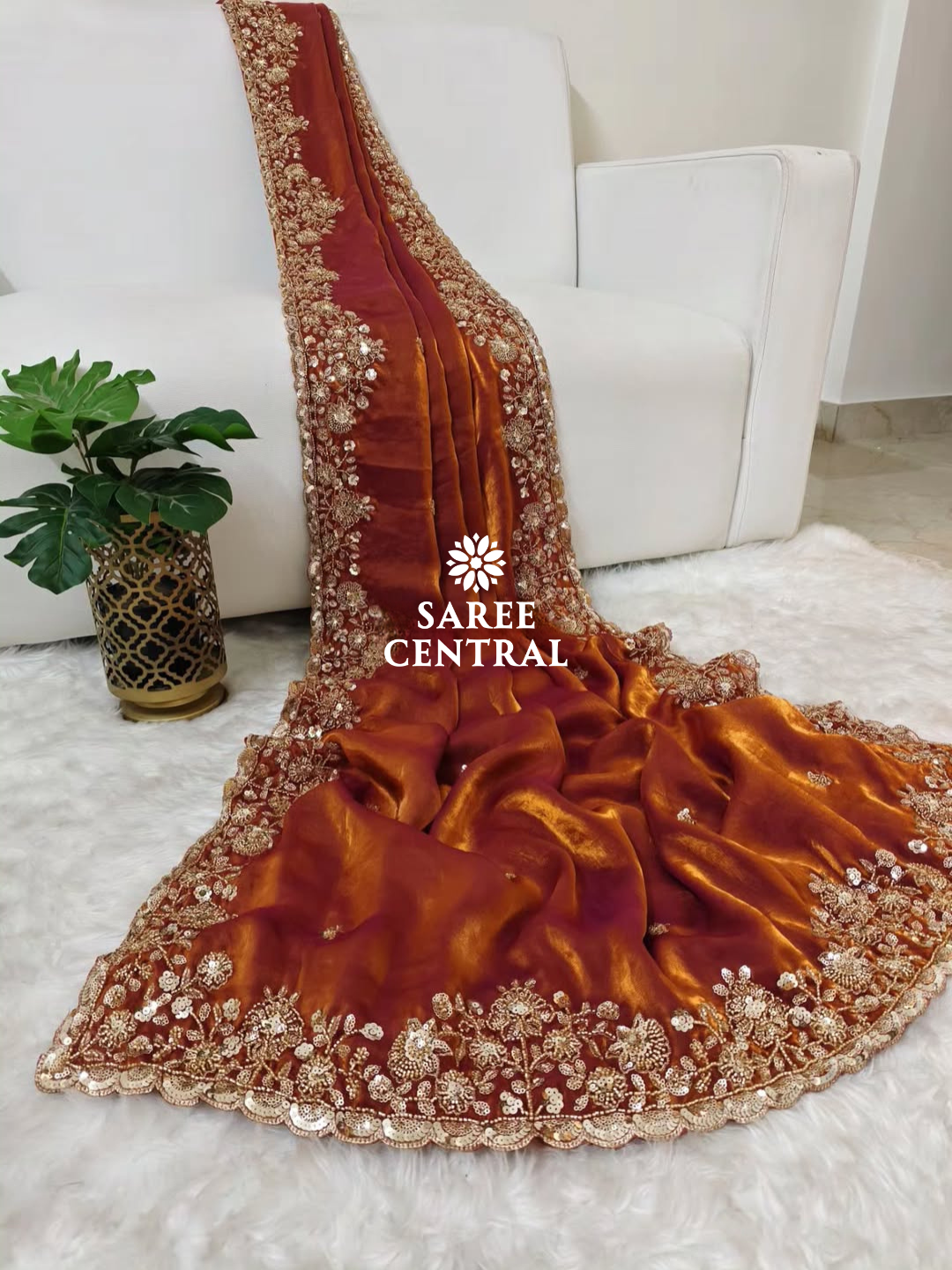Rust Orange Gold Cutdana Beads, Sequins Embroidered Partywear Saree (SC55516)