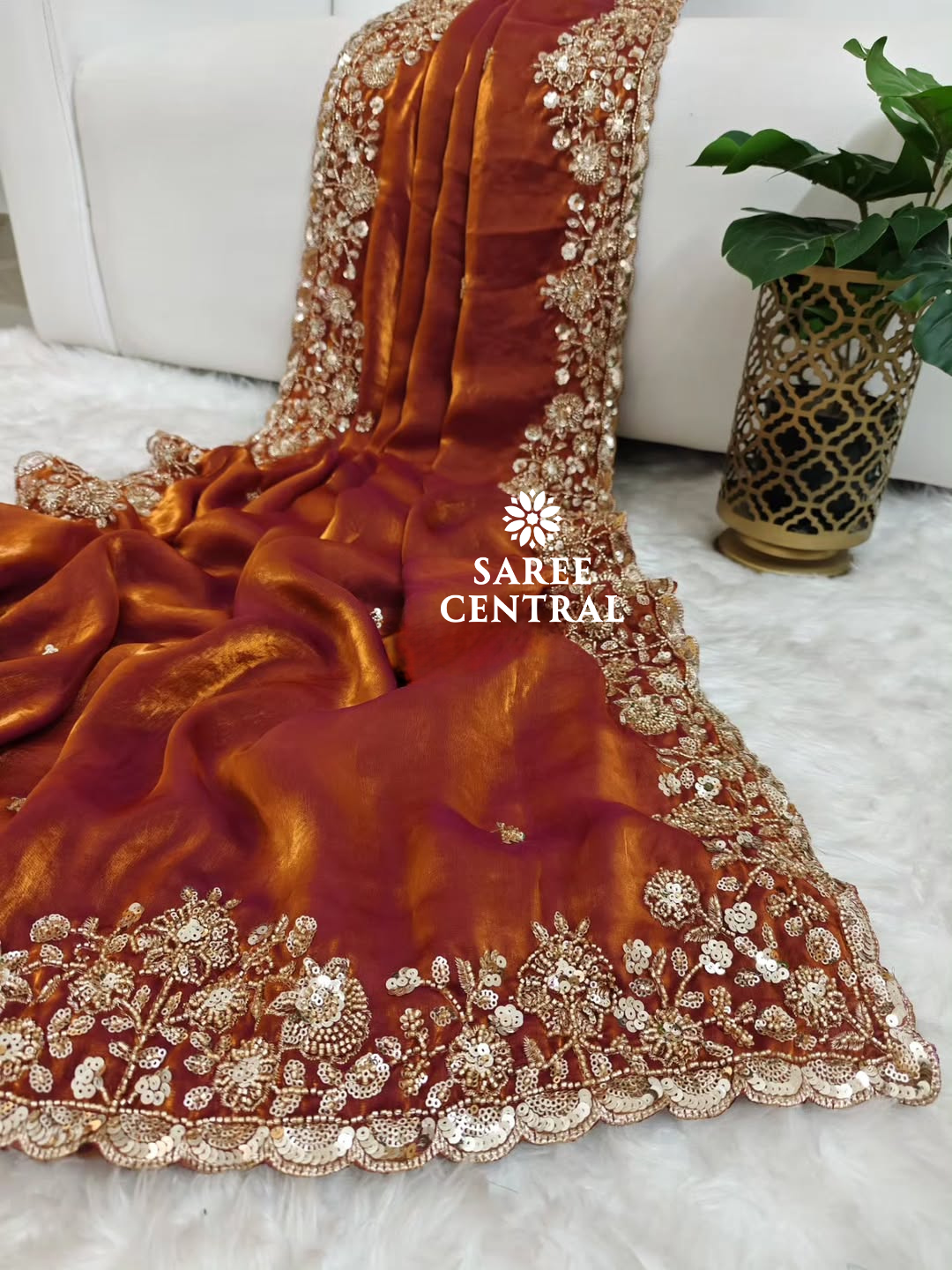 Rust Orange Gold Cutdana Beads, Sequins Embroidered Partywear Saree (SC55516) - Image 11