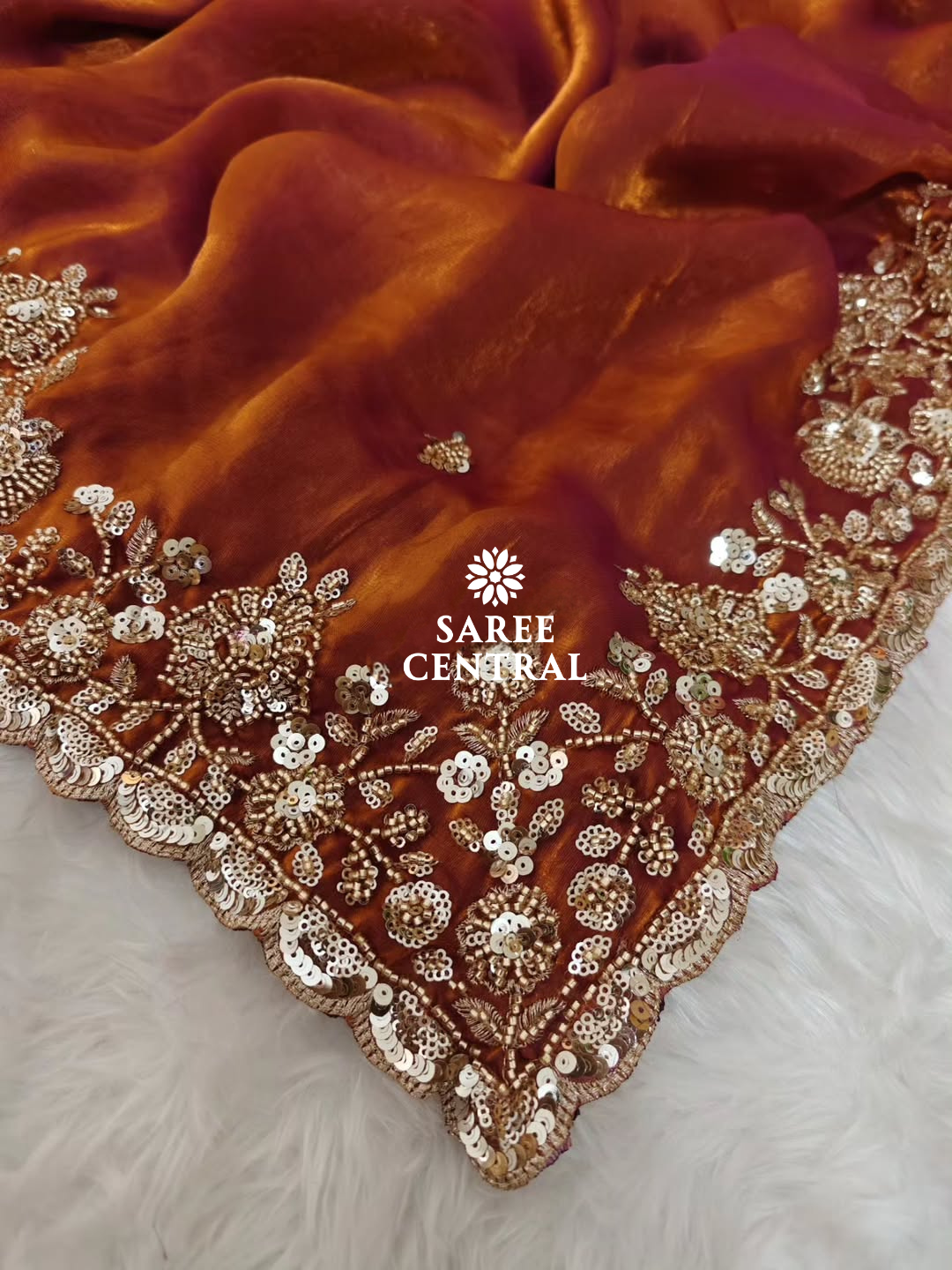 Rust Orange Gold Cutdana Beads, Sequins Embroidered Partywear Saree (SC55516) - Image 13