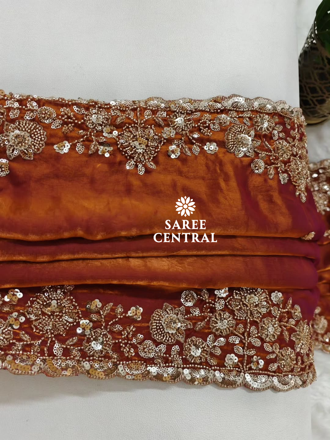 Rust Orange Gold Cutdana Beads, Sequins Embroidered Partywear Saree (SC55516) - Image 7