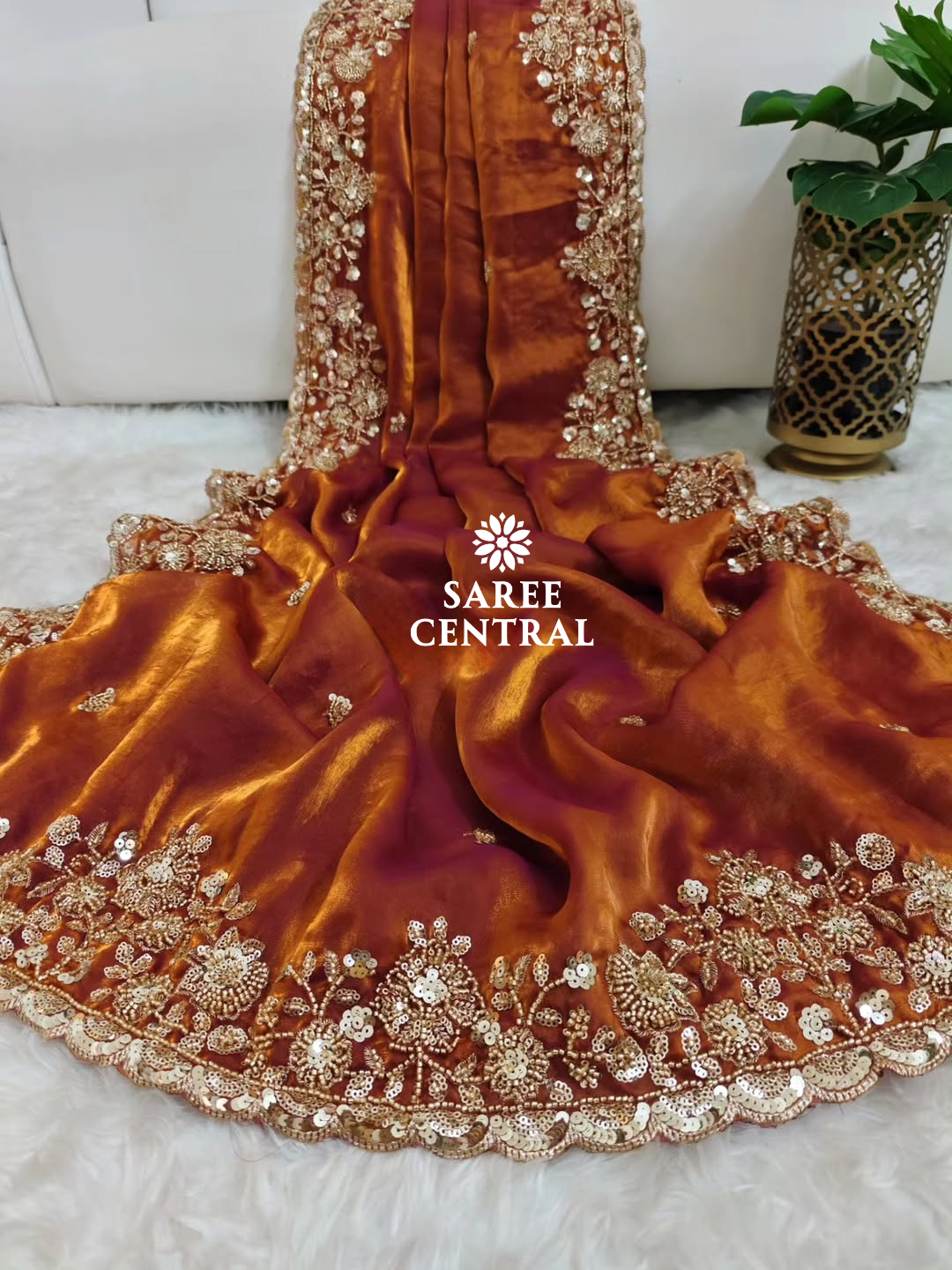 Rust Orange Gold Cutdana Beads, Sequins Embroidered Partywear Saree (SC55516) - Image 12