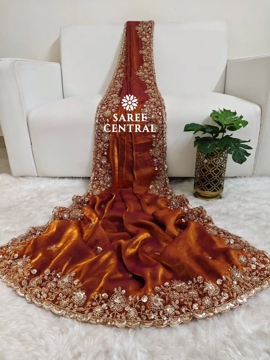 Rust Orange Gold Cutdana Beads, Sequins Embroidered Partywear Saree (SC55516) - Image 2