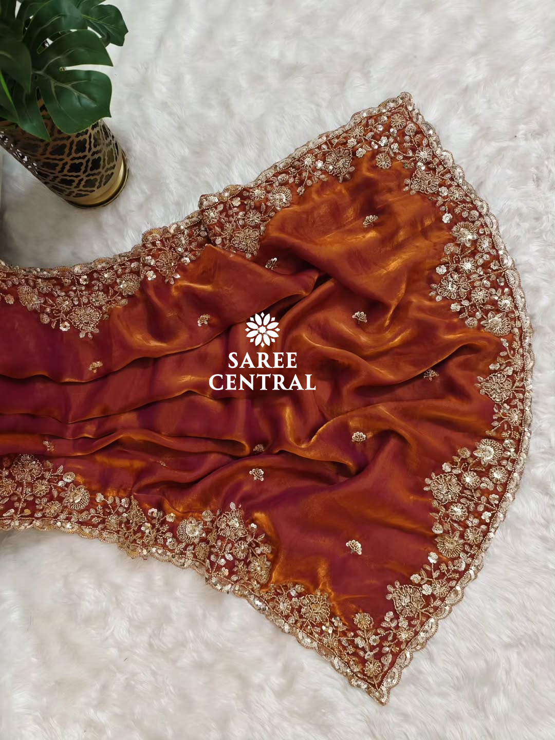 Rust Orange Gold Cutdana Beads, Sequins Embroidered Partywear Saree (SC55516) - Image 4