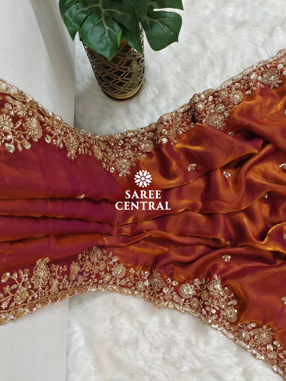 Rust Orange Gold Cutdana Beads, Sequins Embroidered Partywear Saree (SC55516) - Image 10