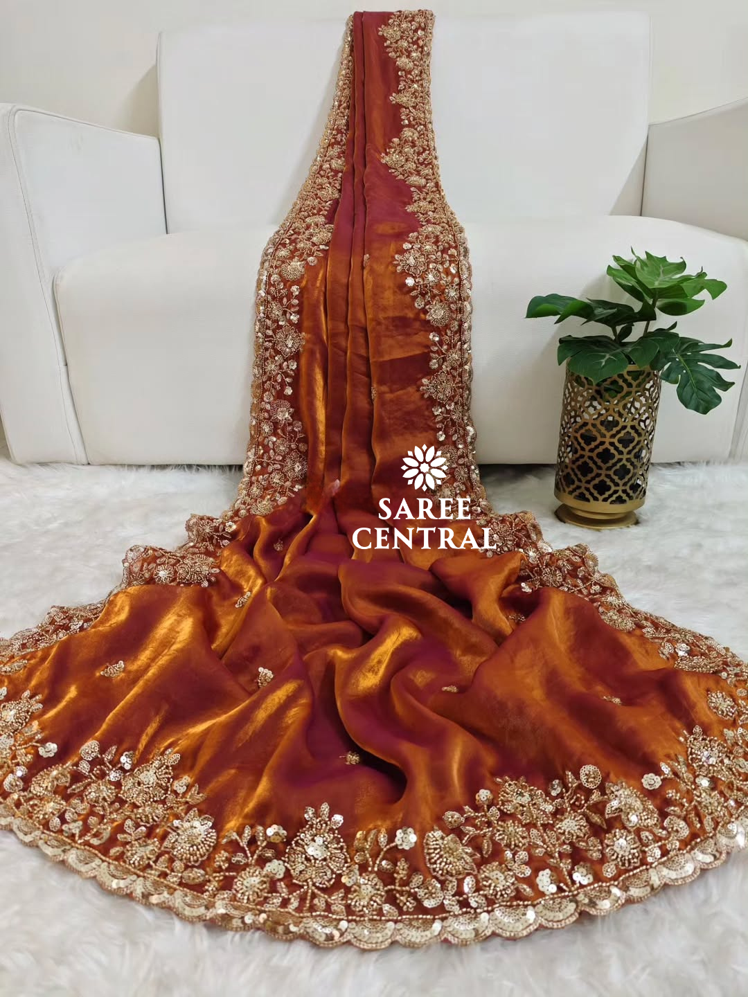 Rust Orange Gold Cutdana Beads, Sequins Embroidered Partywear Saree (SC55516) - Image 9