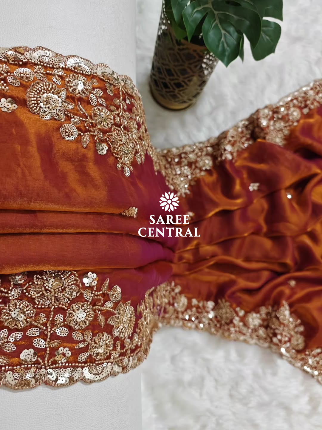 Rust Orange Gold Cutdana Beads, Sequins Embroidered Partywear Saree (SC55516) - Image 5