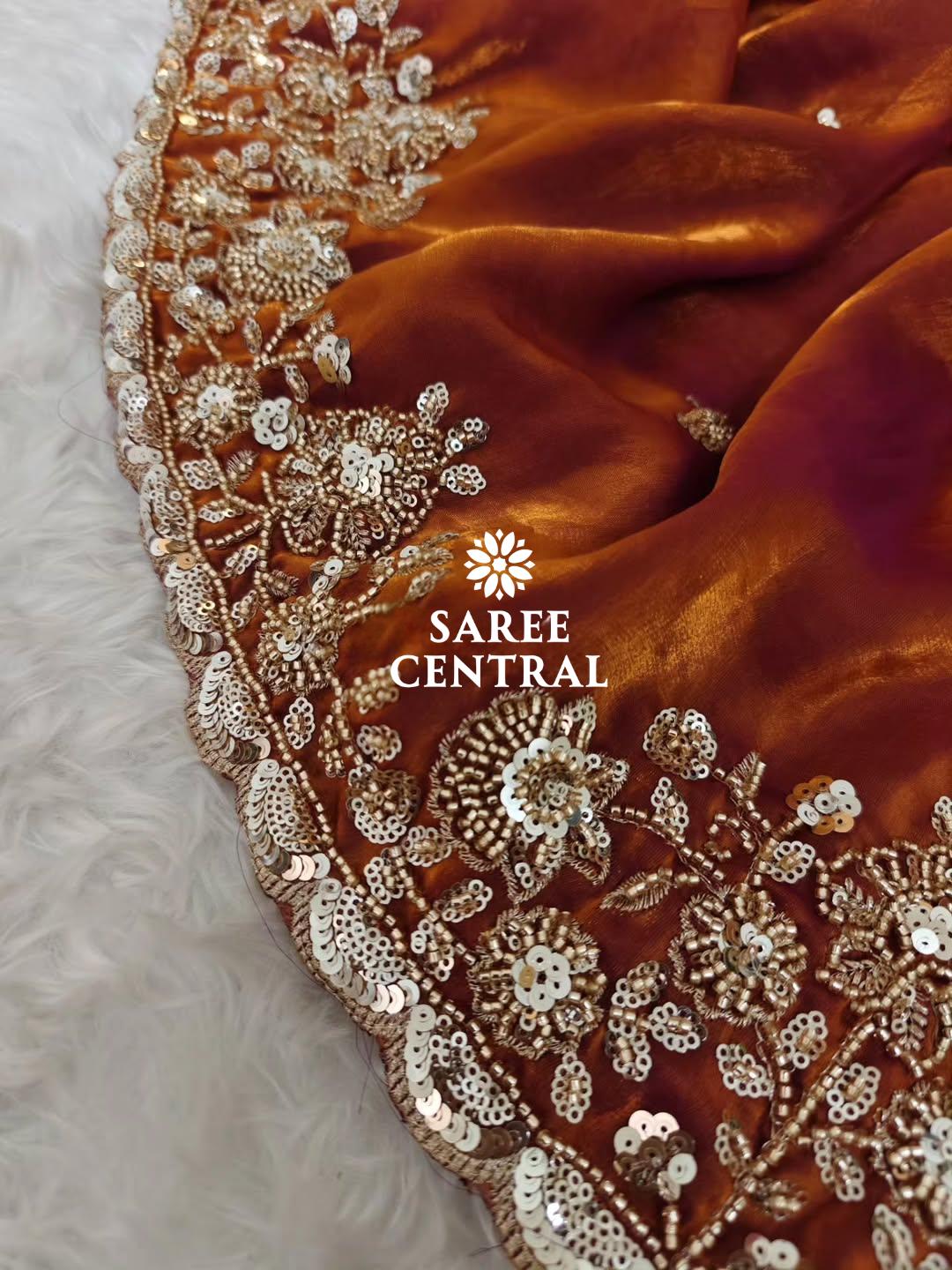 Rust Orange Gold Cutdana Beads, Sequins Embroidered Partywear Saree (SC55516) - Image 8