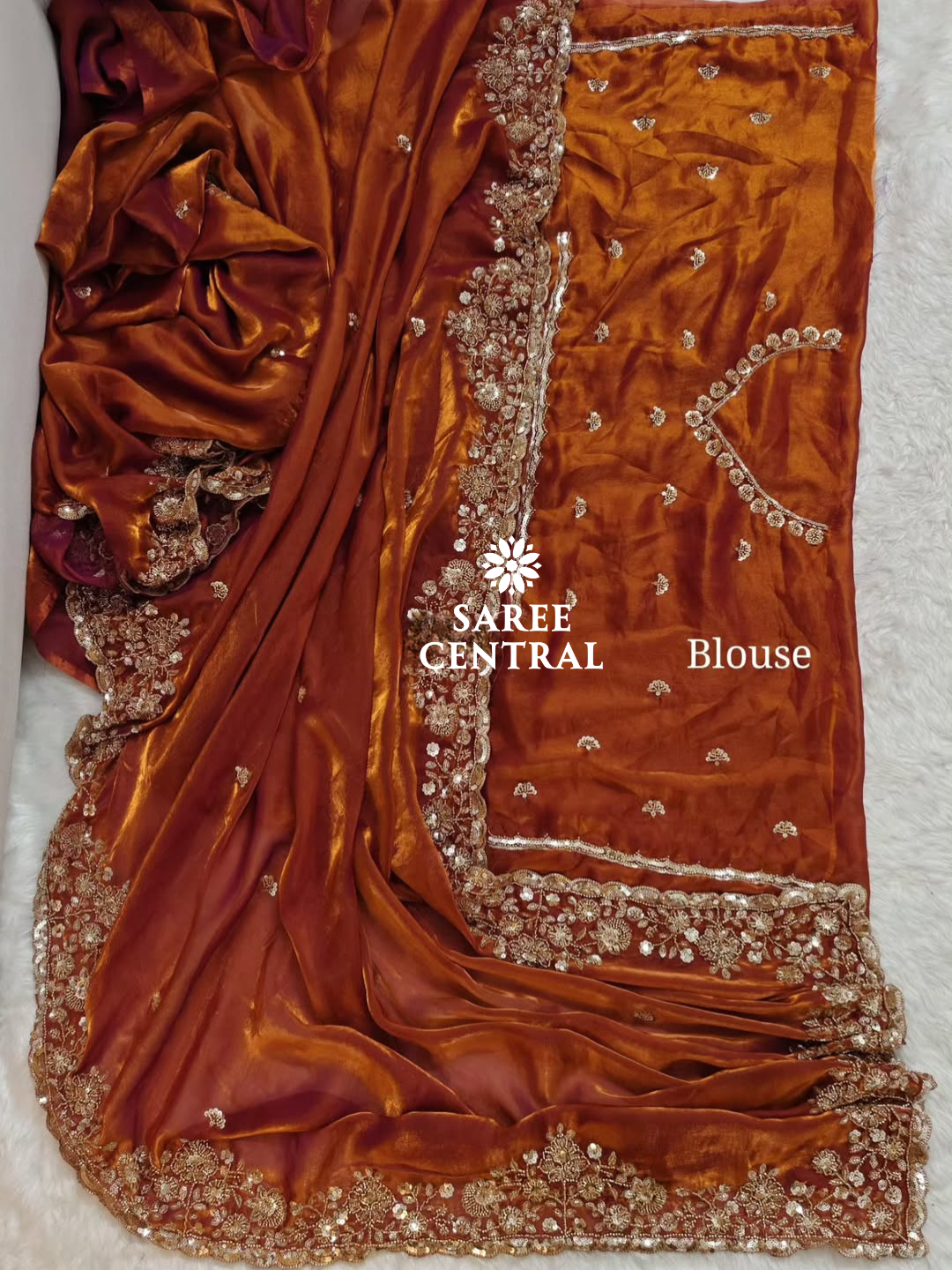 Rust Orange Gold Cutdana Beads, Sequins Embroidered Partywear Saree (SC55516) - Image 14