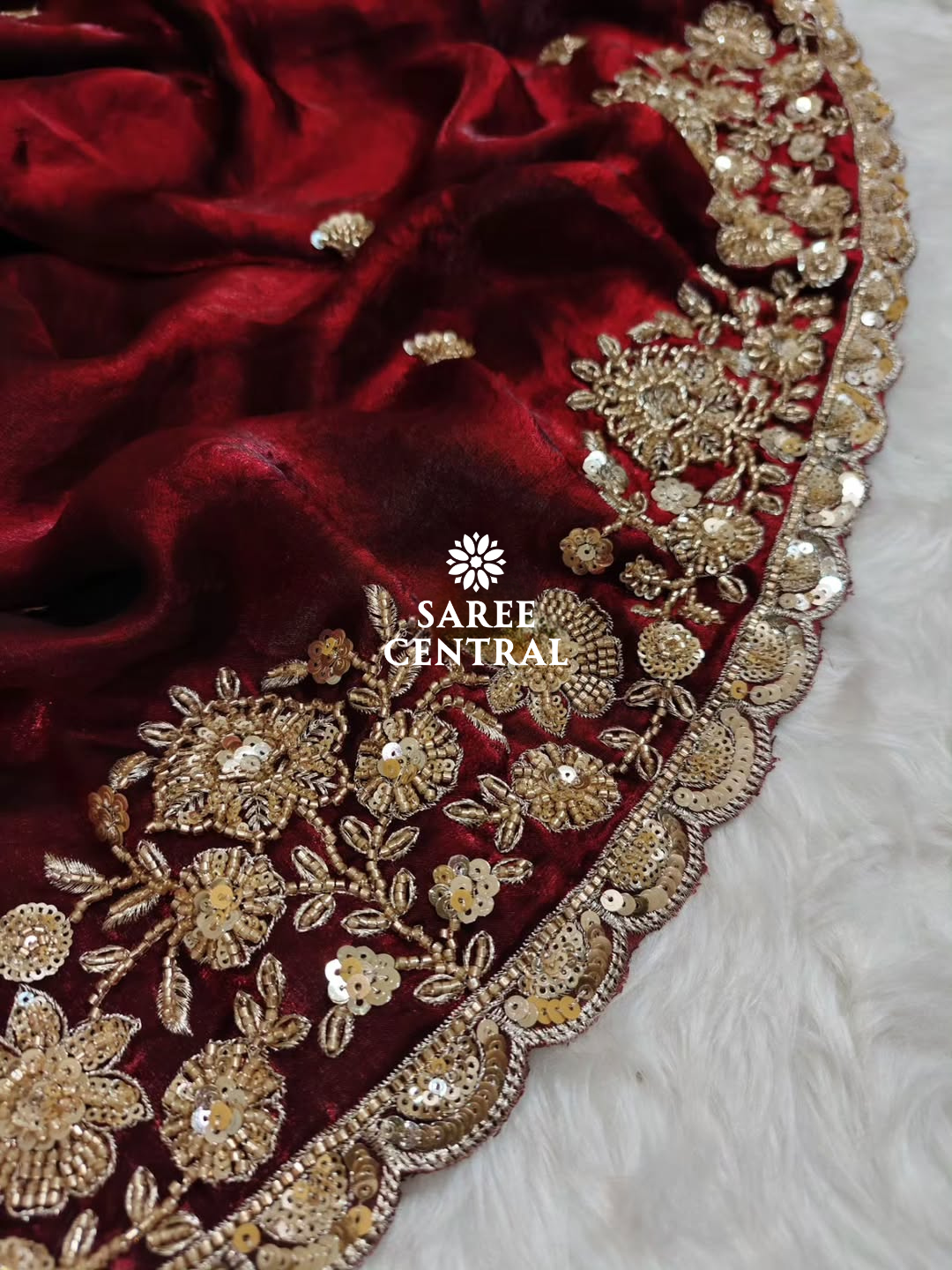 Maroon Gold Cutdana Beads, Sequins Embroidered Partywear Saree (SC55518) - Image 8