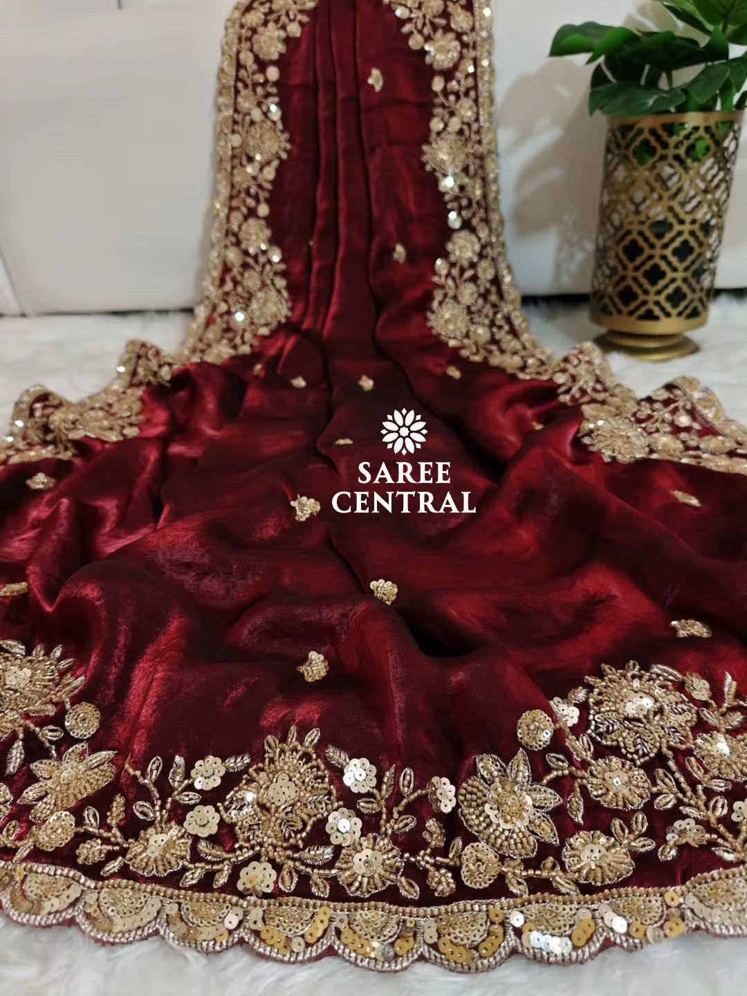 Maroon Gold Cutdana Beads, Sequins Embroidered Partywear Saree (SC55518) - Image 11