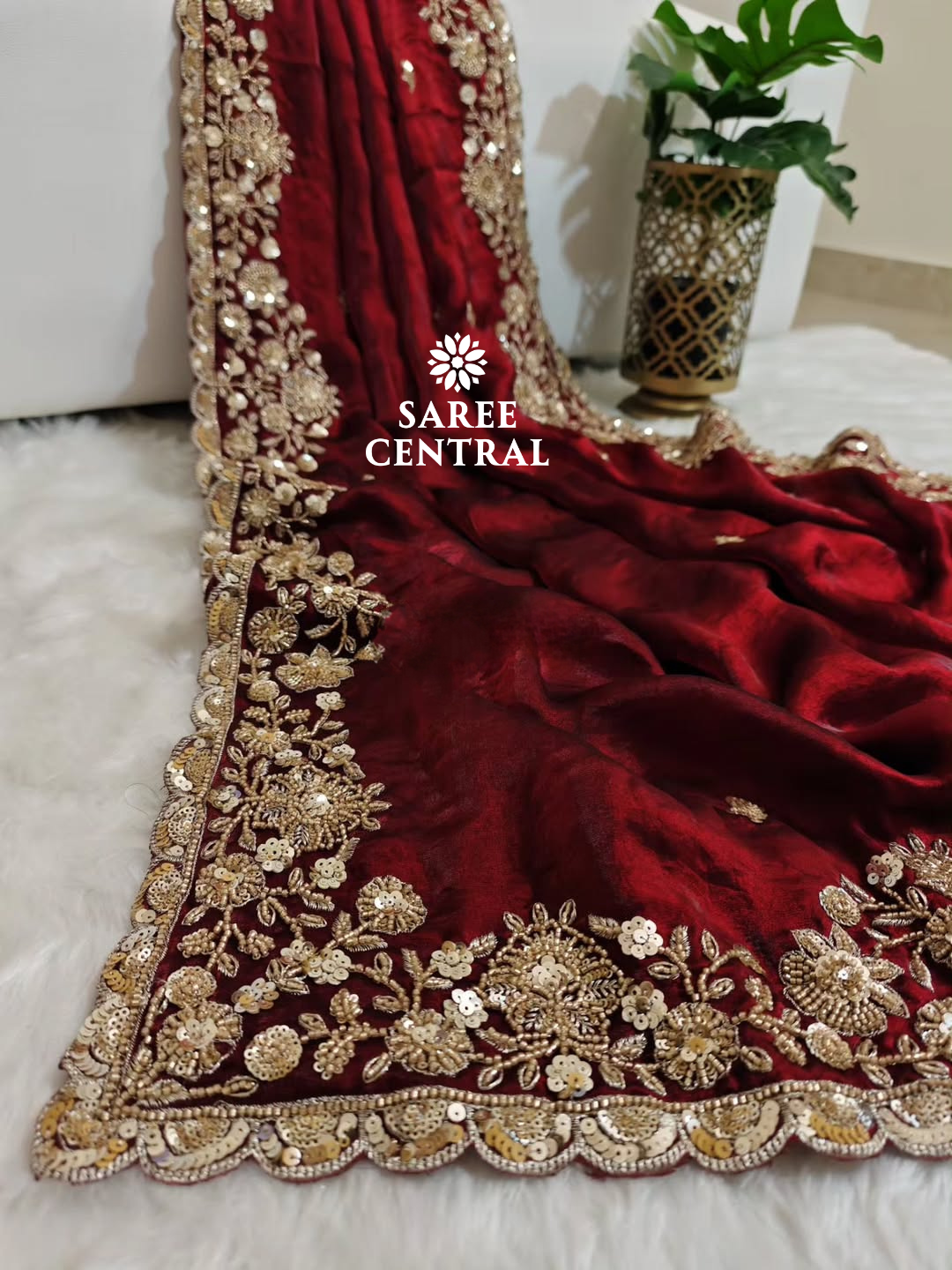 Maroon Gold Cutdana Beads, Sequins Embroidered Partywear Saree (SC55518) - Image 15