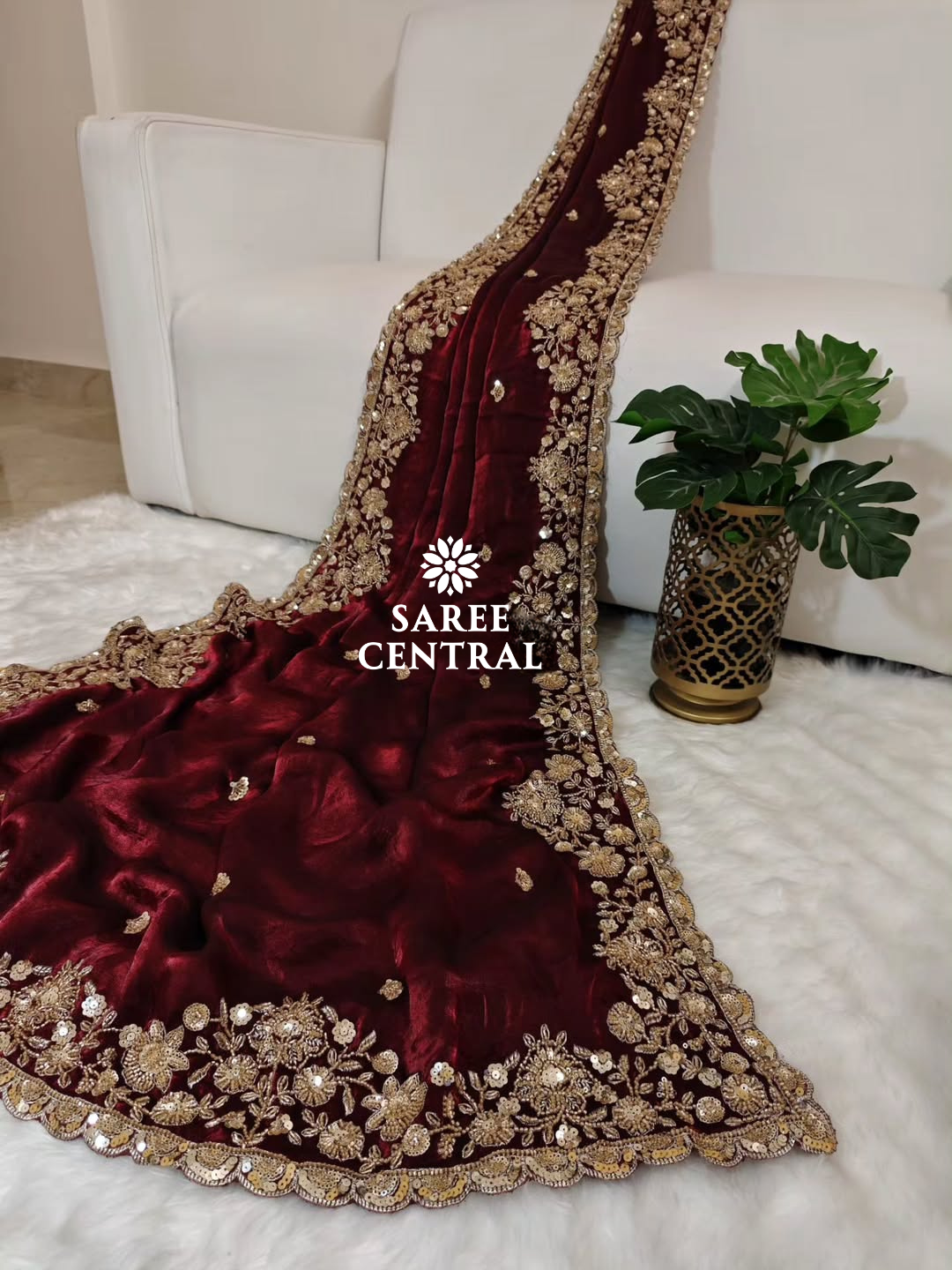 Maroon Gold Cutdana Beads, Sequins Embroidered Partywear Saree (SC55518) - Image 6