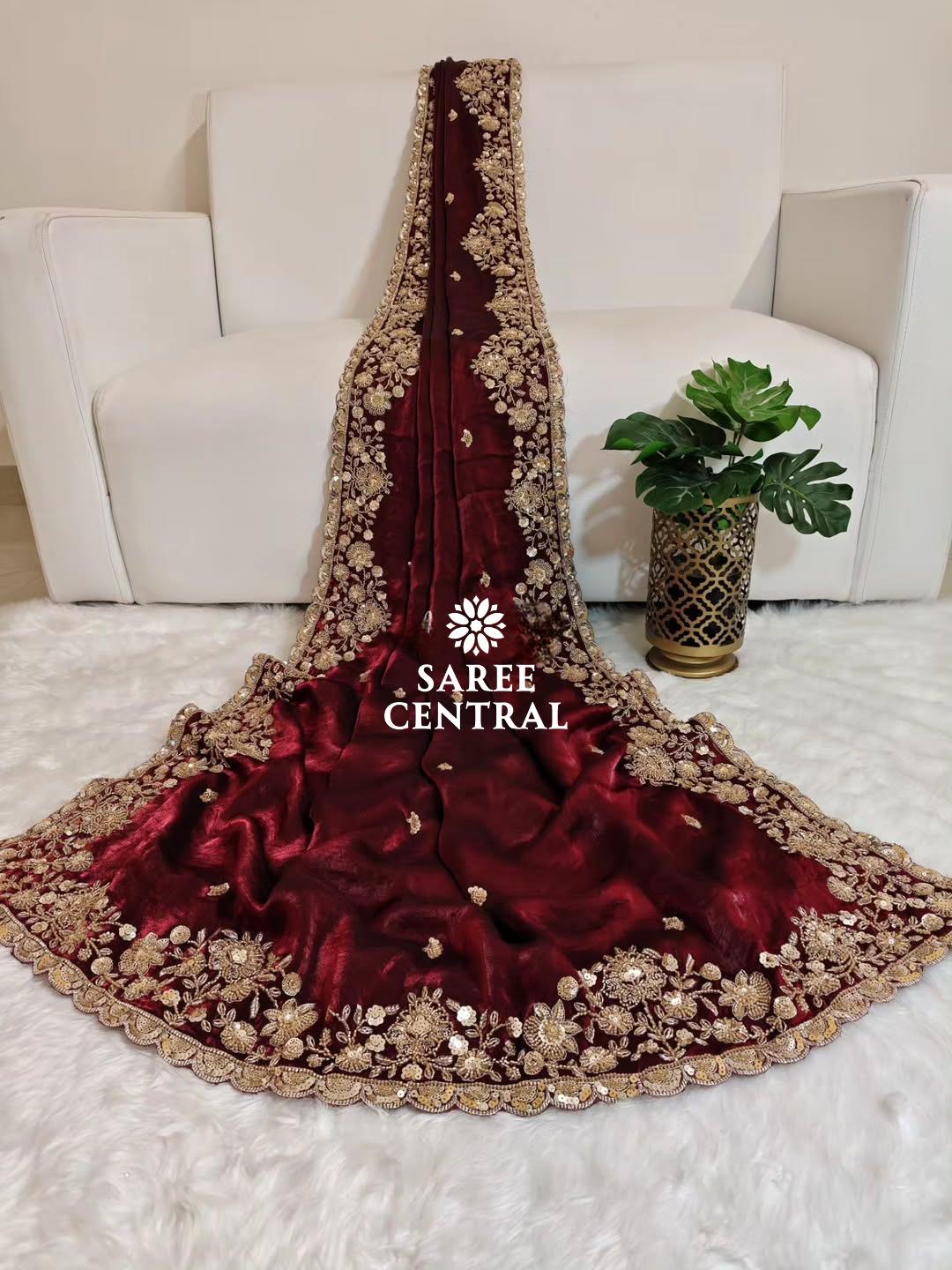 Maroon Gold Cutdana Beads, Sequins Embroidered Partywear Saree (SC55518) - Image 2