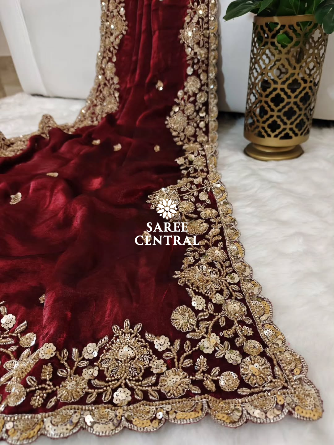 Maroon Gold Cutdana Beads, Sequins Embroidered Partywear Saree (SC55518) - Image 4