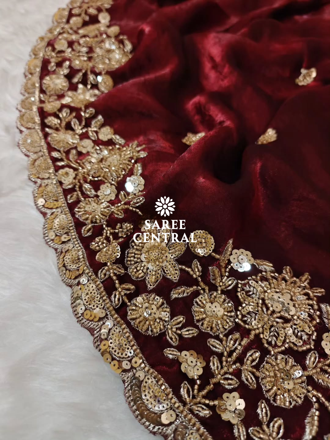 Maroon Gold Cutdana Beads, Sequins Embroidered Partywear Saree (SC55518) - Image 12